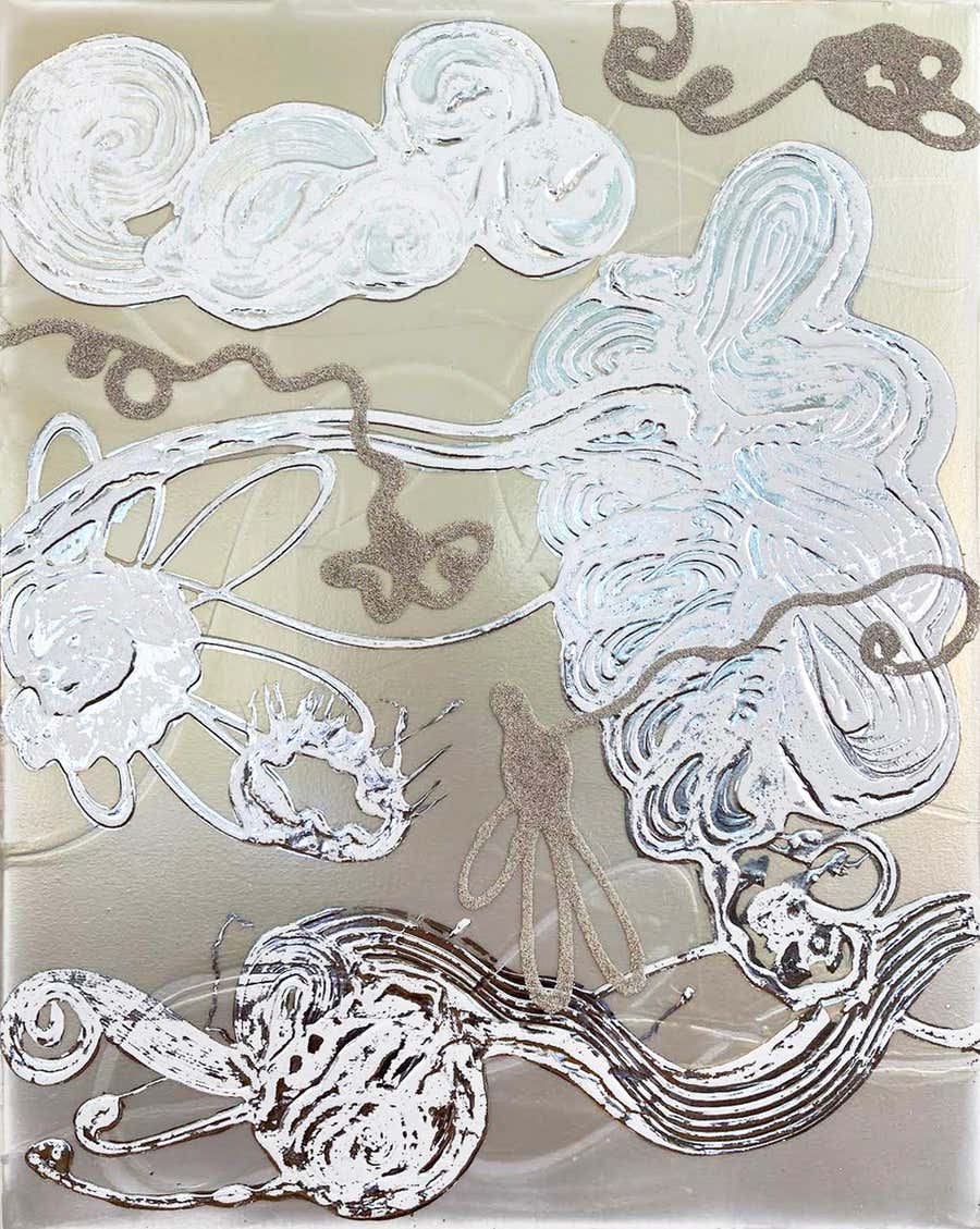 Abstract, Beige and White, Reflective painting 'Flower Float no. 2'