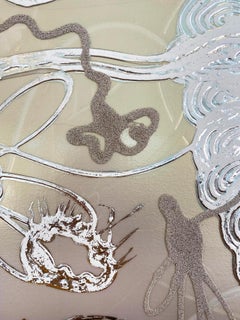 Pittura astratta, beige e bianco, riflettente "Fiore galleggiante n. 2".