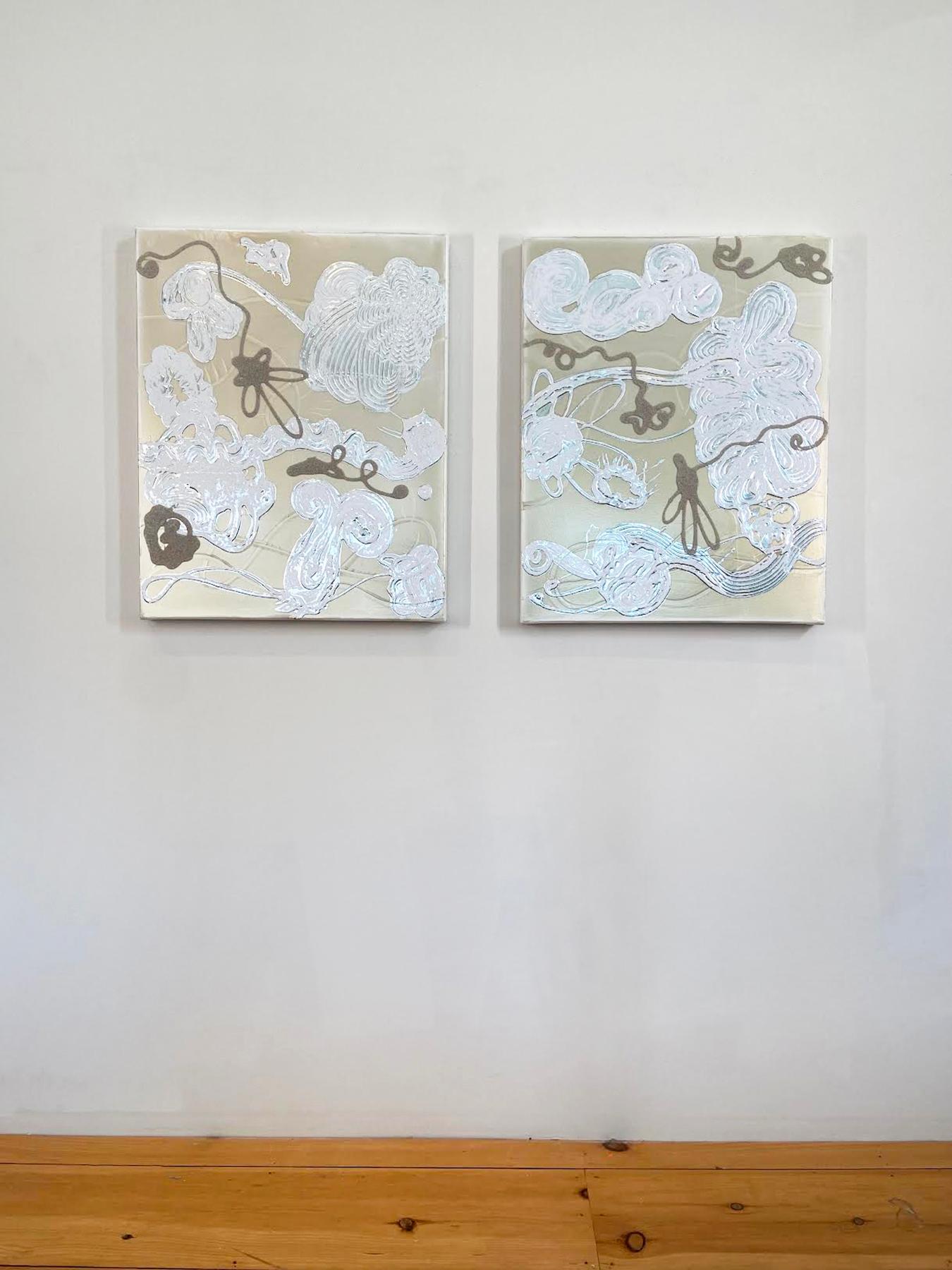 Abstract, Beige and White, Reflective painting 'Flower Float no. 2' - Contemporary Painting by Catherine Howe