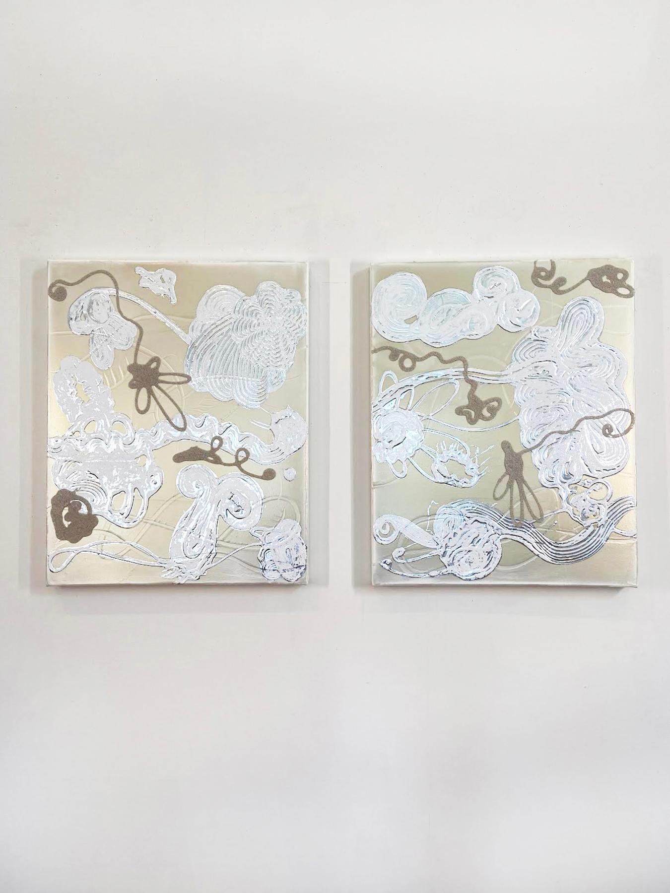 Available at Madelyn Jordon Fine Art. 'Blue/Gold/Silver Mica Painting (Flower Float no. 2)' 2024 by Catherine Howe. Interference pigments, acrylic, glass micro beads, aluminum leaf, and white leaf on canvas, 30 x 24 in. This painting features Howe's