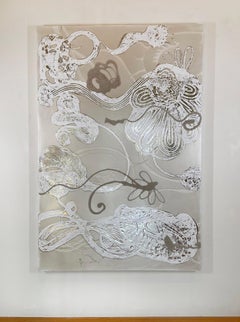 Pittura astratta, beige e bianco, riflettente "Fiore galleggiante n. 3".