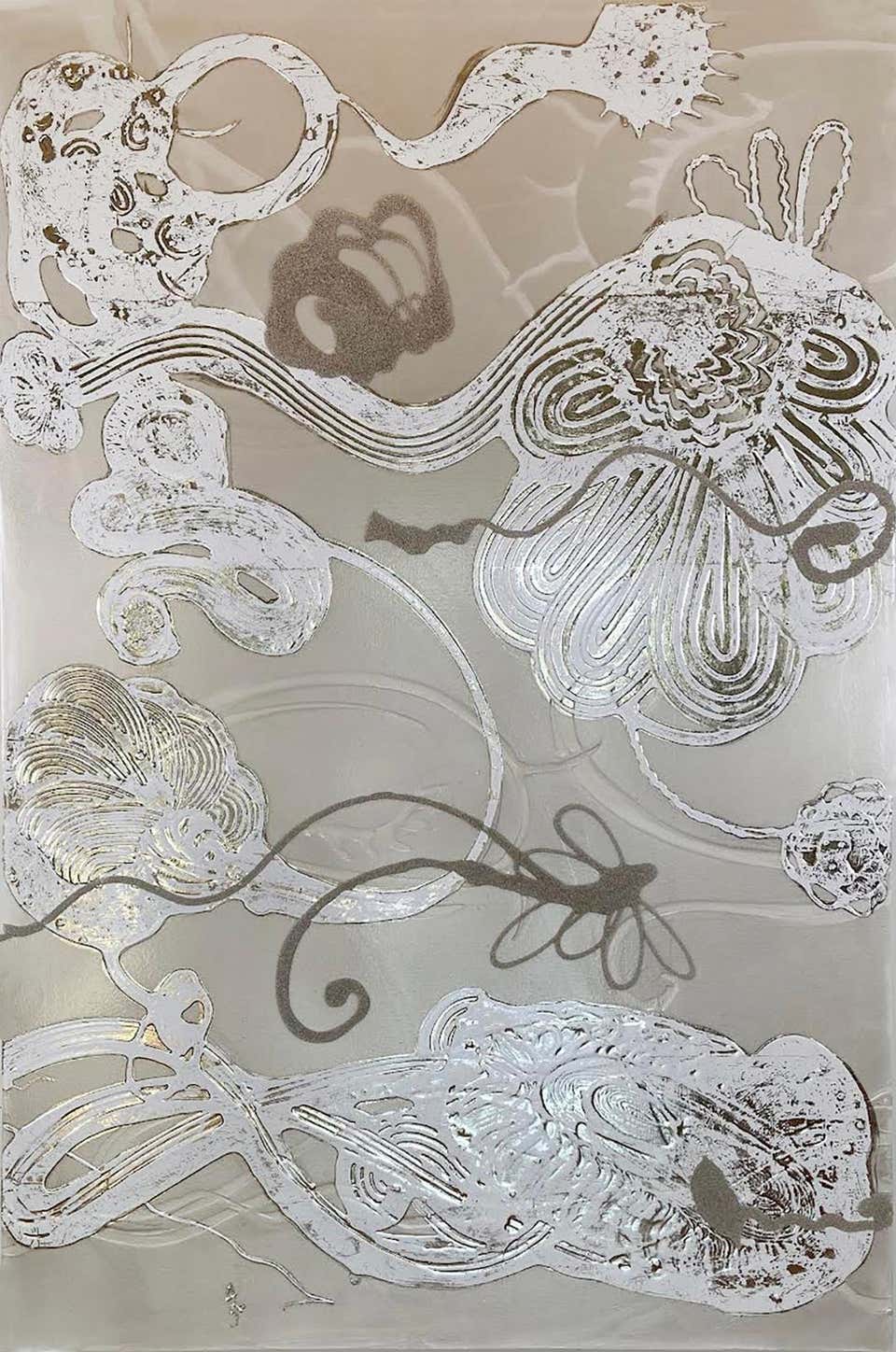 Abstract, Beige and White, Reflective painting 'Flower Float no. 3'
