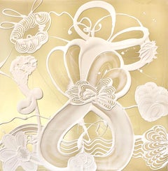 "Belle" Abstract Floral/Botanical Shimmery Gold on Mica Bright White 3-D Quality