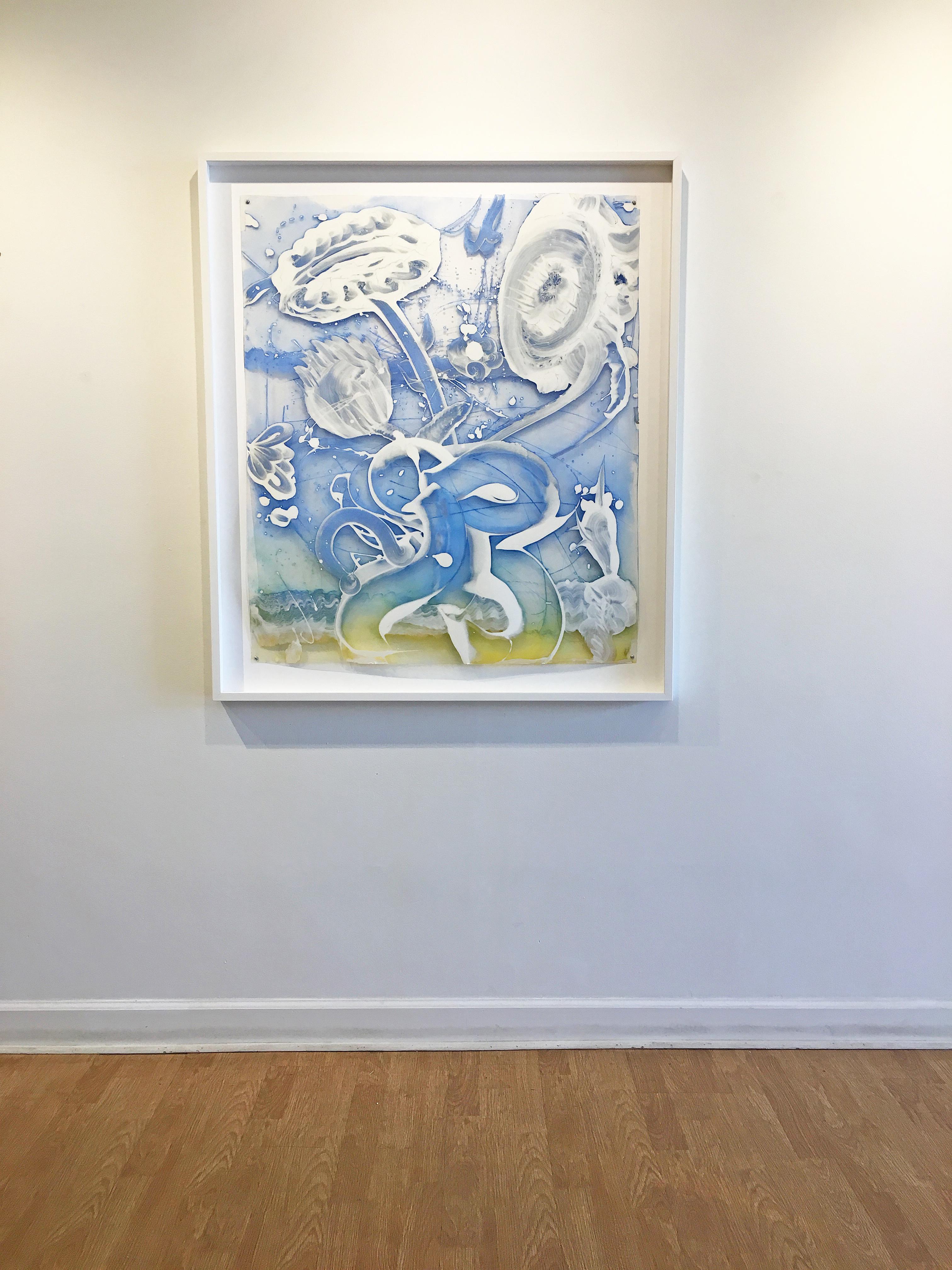 Reverse Mylar Painting, 'Blue Composition (1),' 2017 by Catherine Howe. Molding paste, oil and acrylic mediums on polyester sheeting, 40 x 30 in. / White Frame: 46 x 40.25 in. Howe's reverse-painting is painted with thick, sweeping, gestural