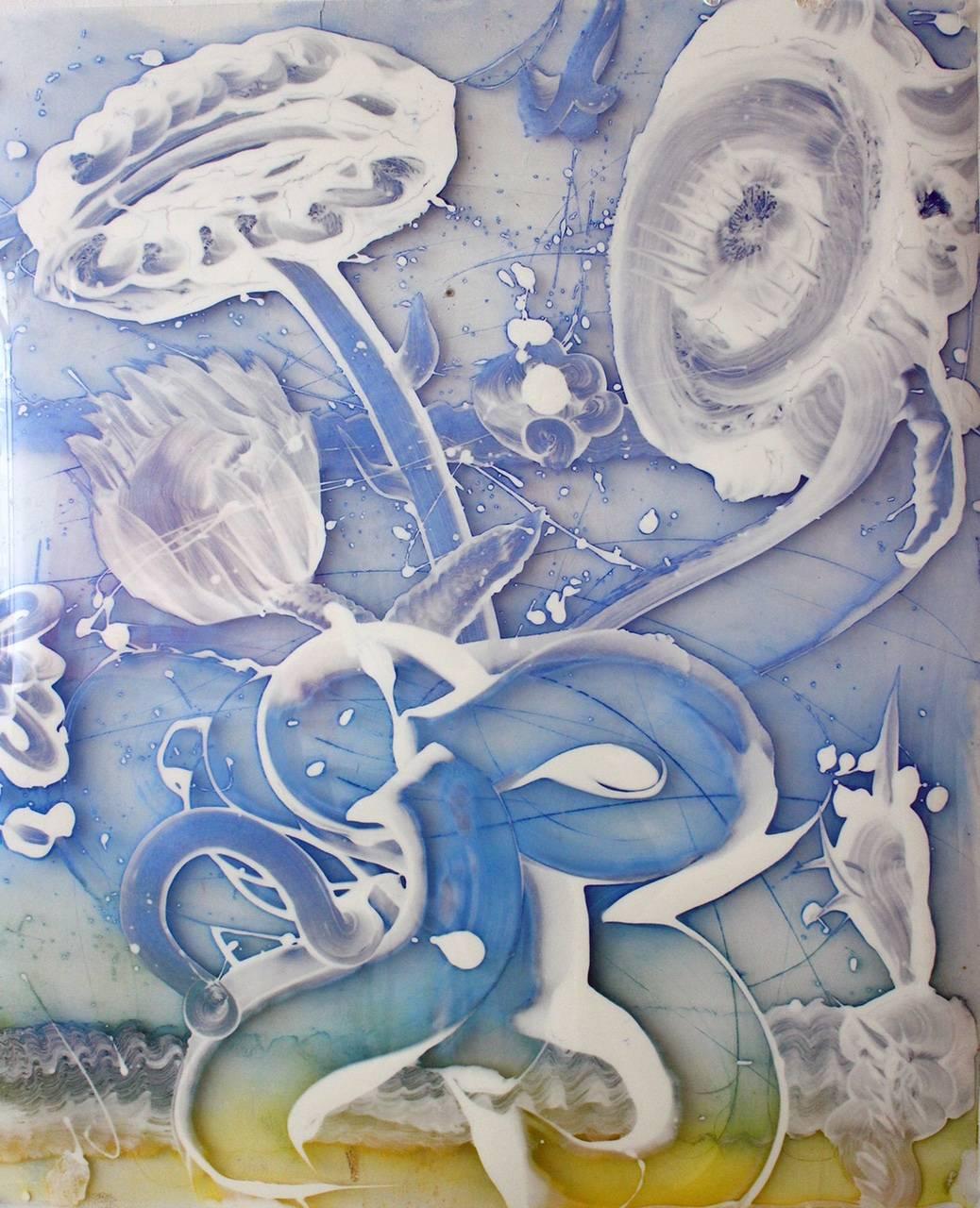 Quadro in Mylar inverso, "Composizione blu (1)", 2017 di Catherine Howe. Pasta da modellare, olio e acrilico su foglio di poliestere, 40 x 30 pollici. / Cornice Whiting: 46 x 40,25 pollici. La pittura inversa di Howe è dipinta con pennellate spesse,