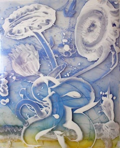 Nature morte, peinture Mylar inversée, Catherine Howe, composition bleue (1)