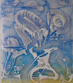 Nature morte, peinture sur Mylar inversé, Catherine Howe 'Blue Composition (2)'.