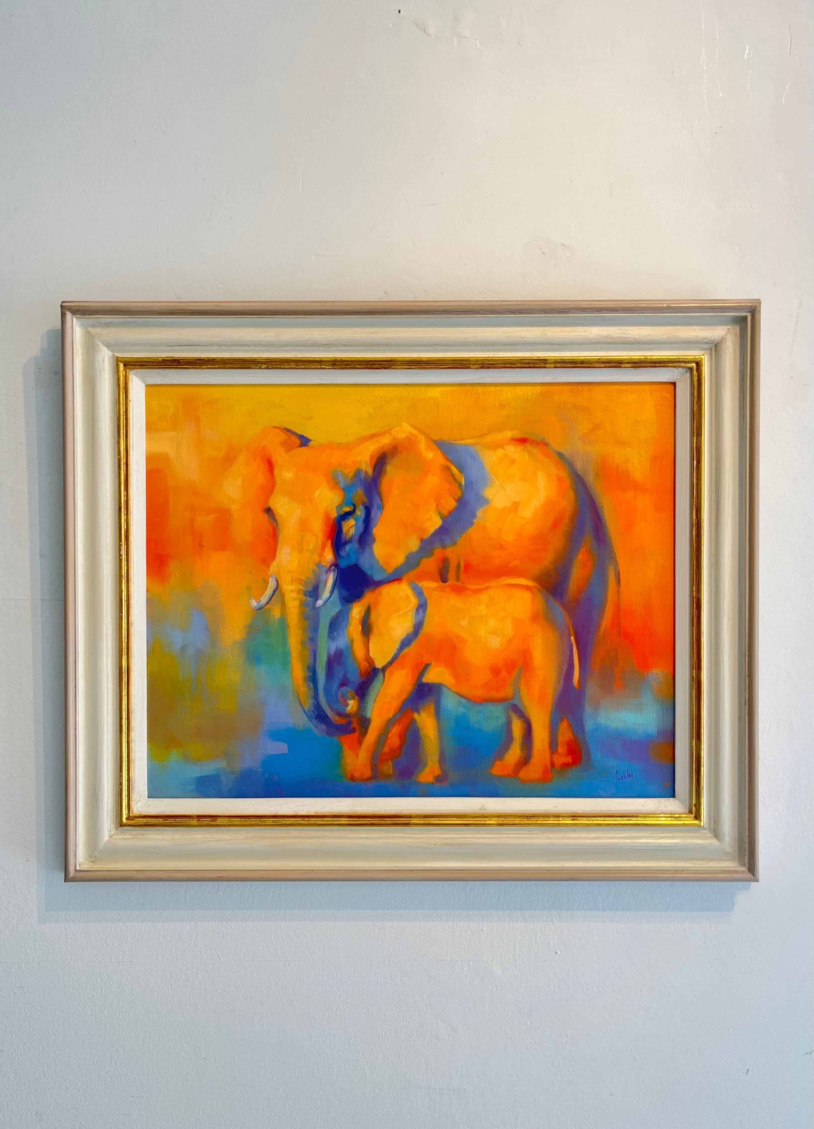 Peinture à l'huile figurative originale d'un portrait d'éléphant et de veau - Painting de Catherine Ingleby