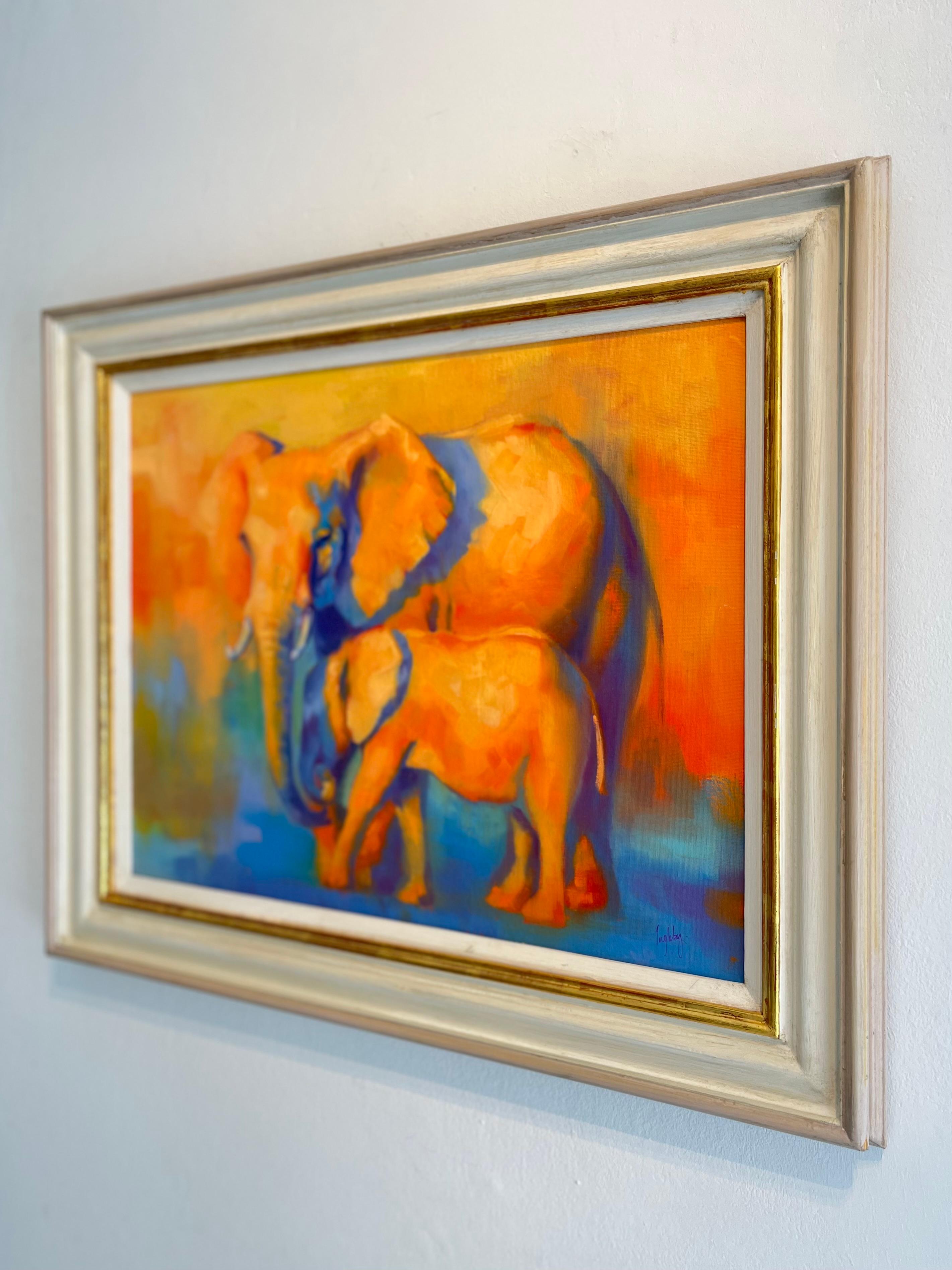 Peinture à l'huile figurative originale d'un portrait d'éléphant et de veau - Impressionnisme Painting par Catherine Ingleby