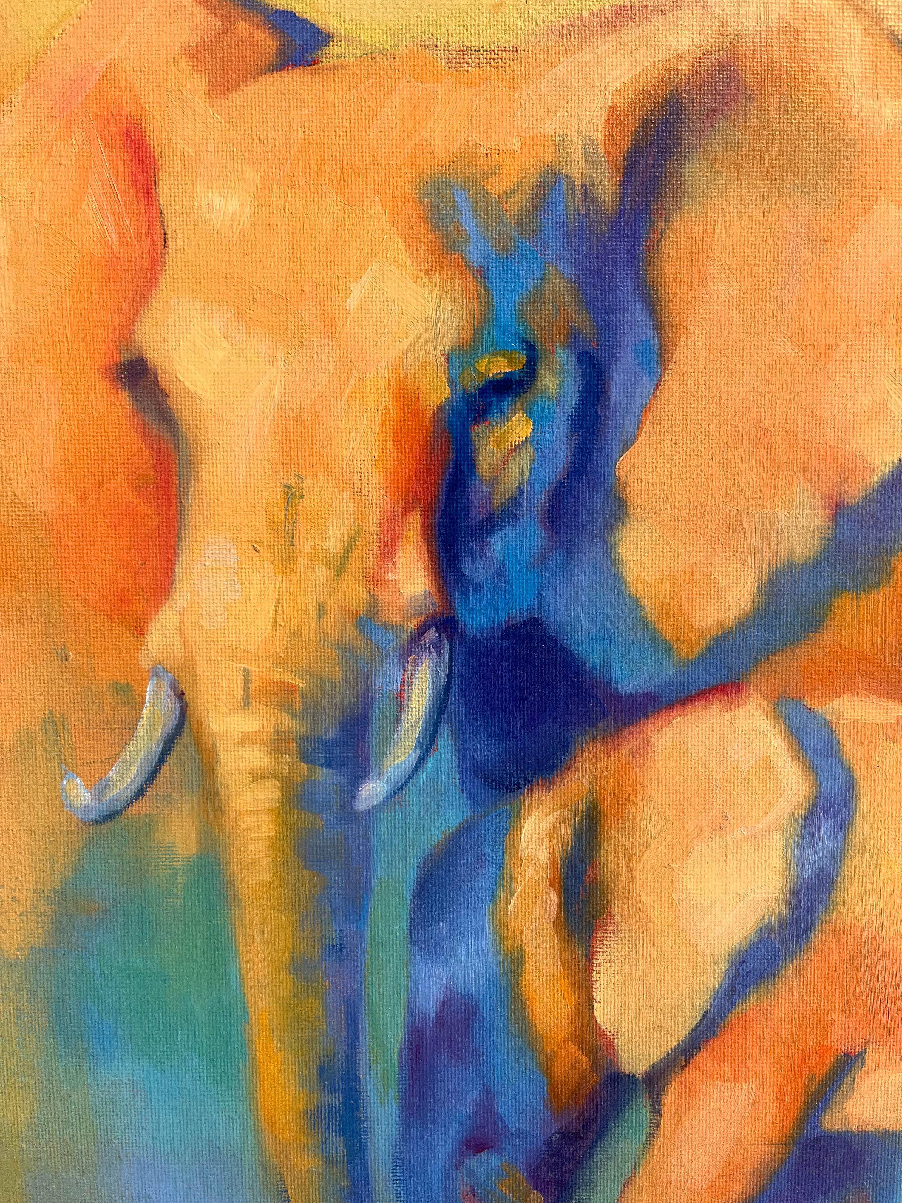 Peinture à l'huile figurative originale d'un portrait d'éléphant et de veau - Orange Animal Painting par Catherine Ingleby