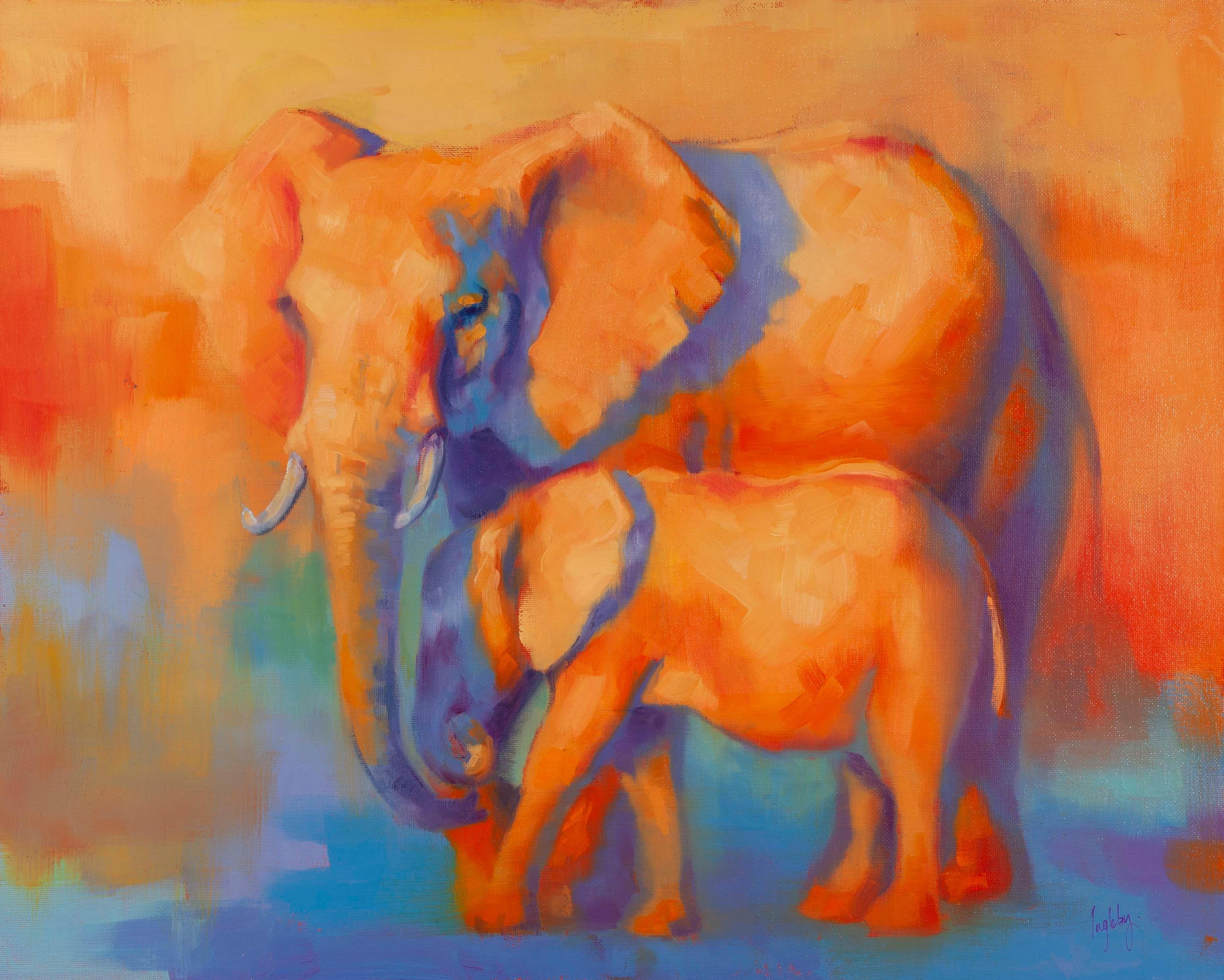 Peinture à l'huile figurative originale d'un portrait d'éléphant et de veau