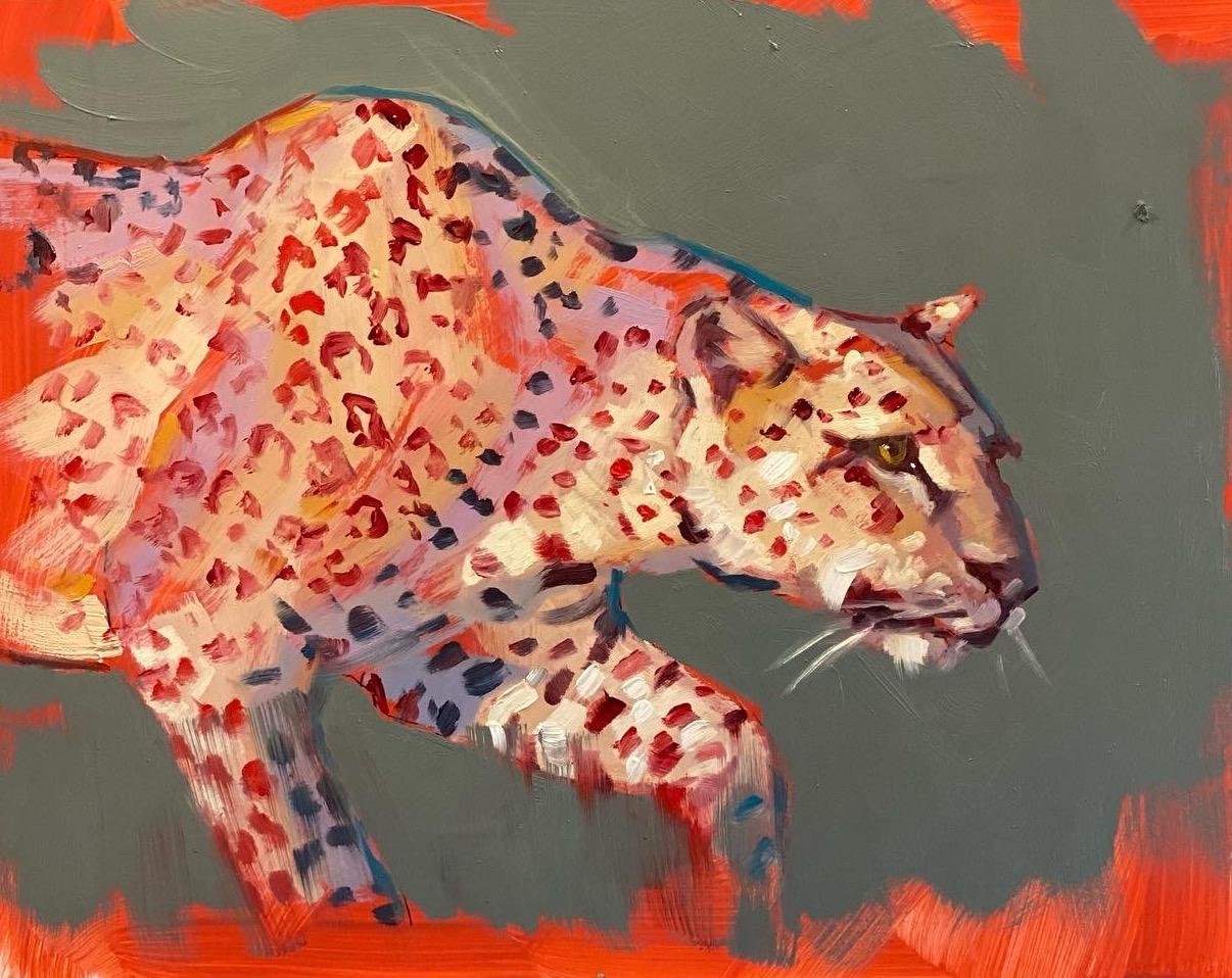 Catherine Ingleby Animal Painting - Leopard - wildlife portraiture study figurative oil painting original art modern
