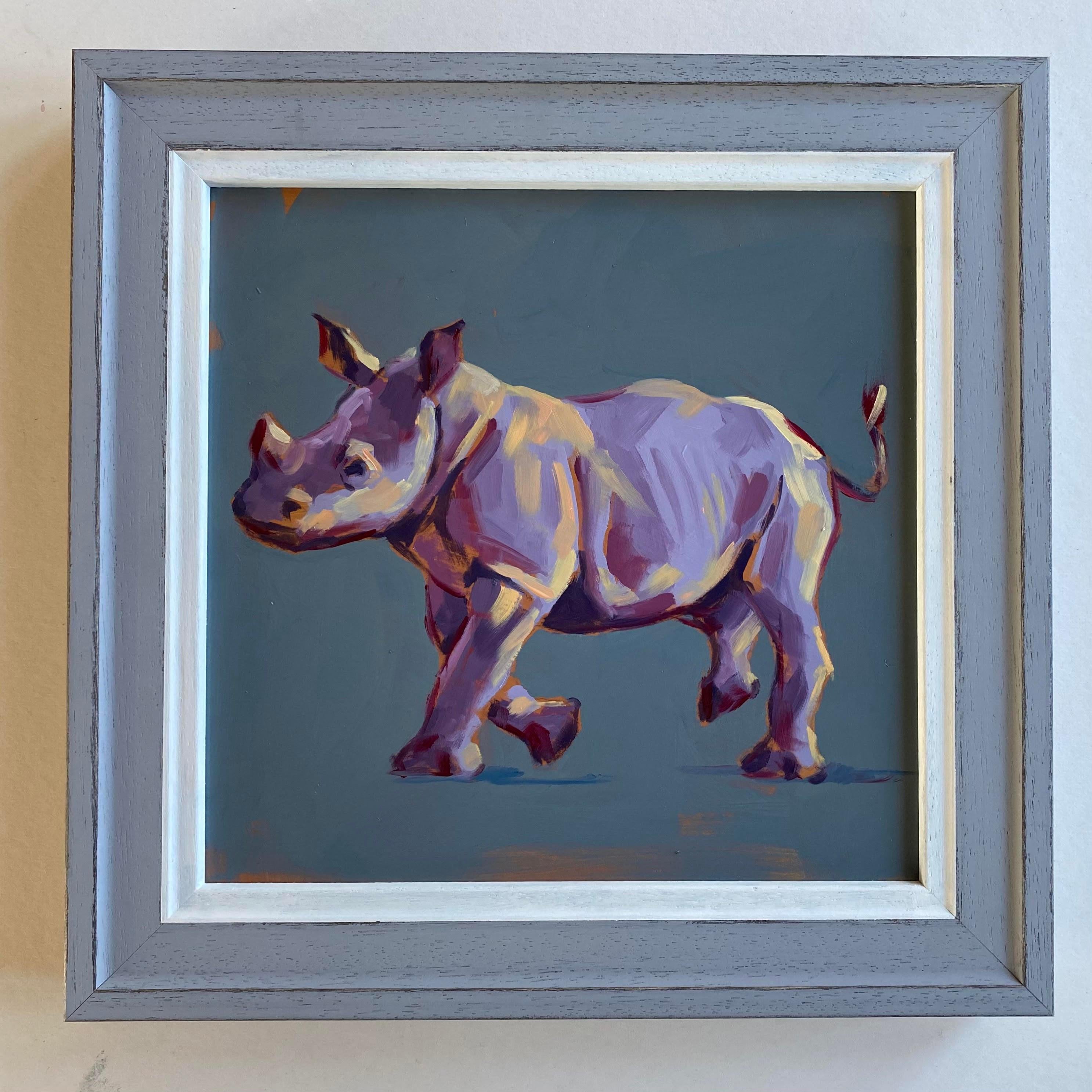 Thunder - original wildlife rhino nature animal oil artwork Contemporary modern - Painting by Catherine Ingleby
