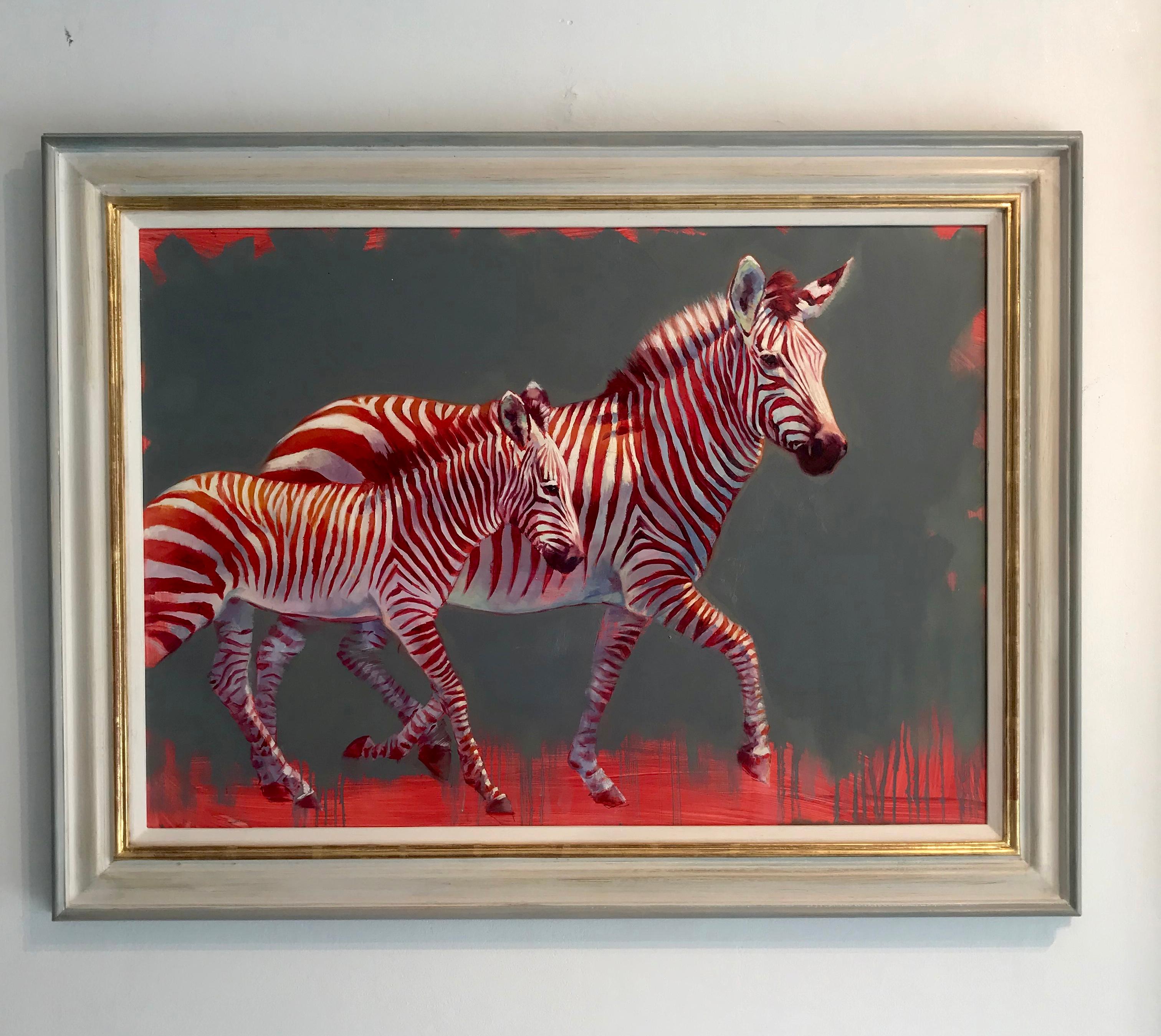Zebra Mare and Foal - wildlife portrait study figurative oil painting artwork - Painting by Catherine Ingleby