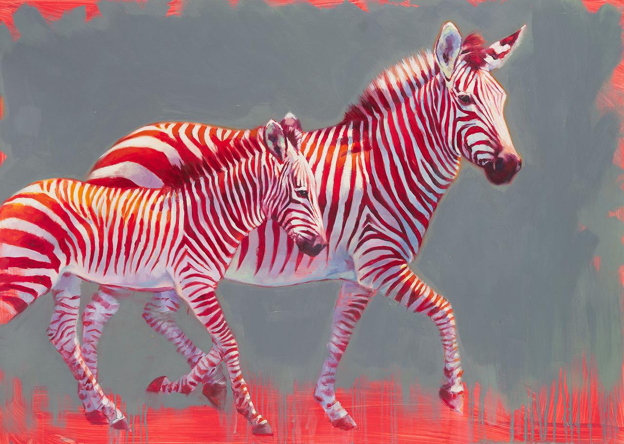 Catherine Ingleby Animal Painting - Zebra Mare and Foal - wildlife portrait study figurative oil painting artwork