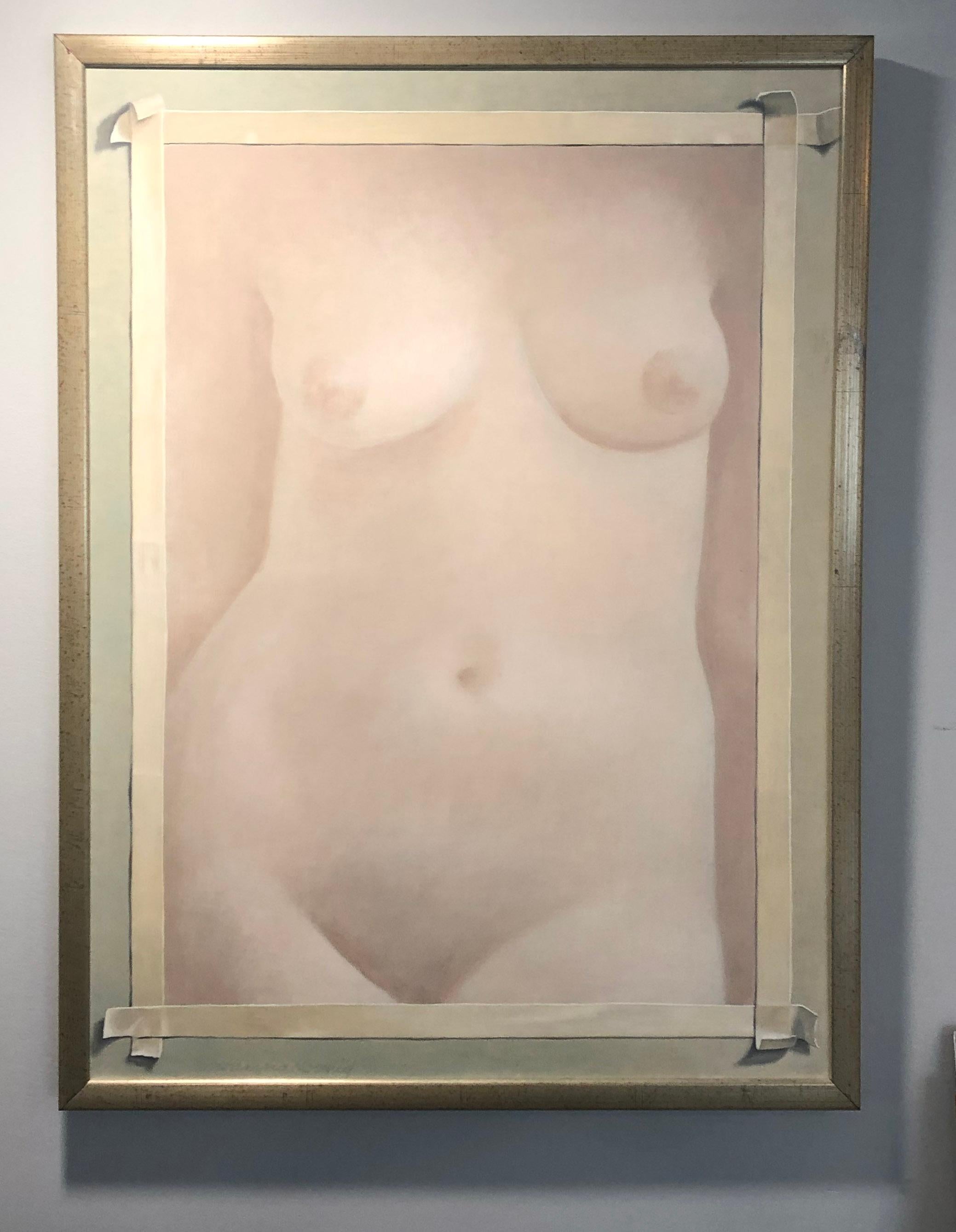 A Modern realist “trompe l’oeil” egg tempera painting by American female artist Catherine Catanzaro Koenig depicting a painting of a nude held up by masking tape.   Koenig inspired by Magritte, creates captivating works that delight the