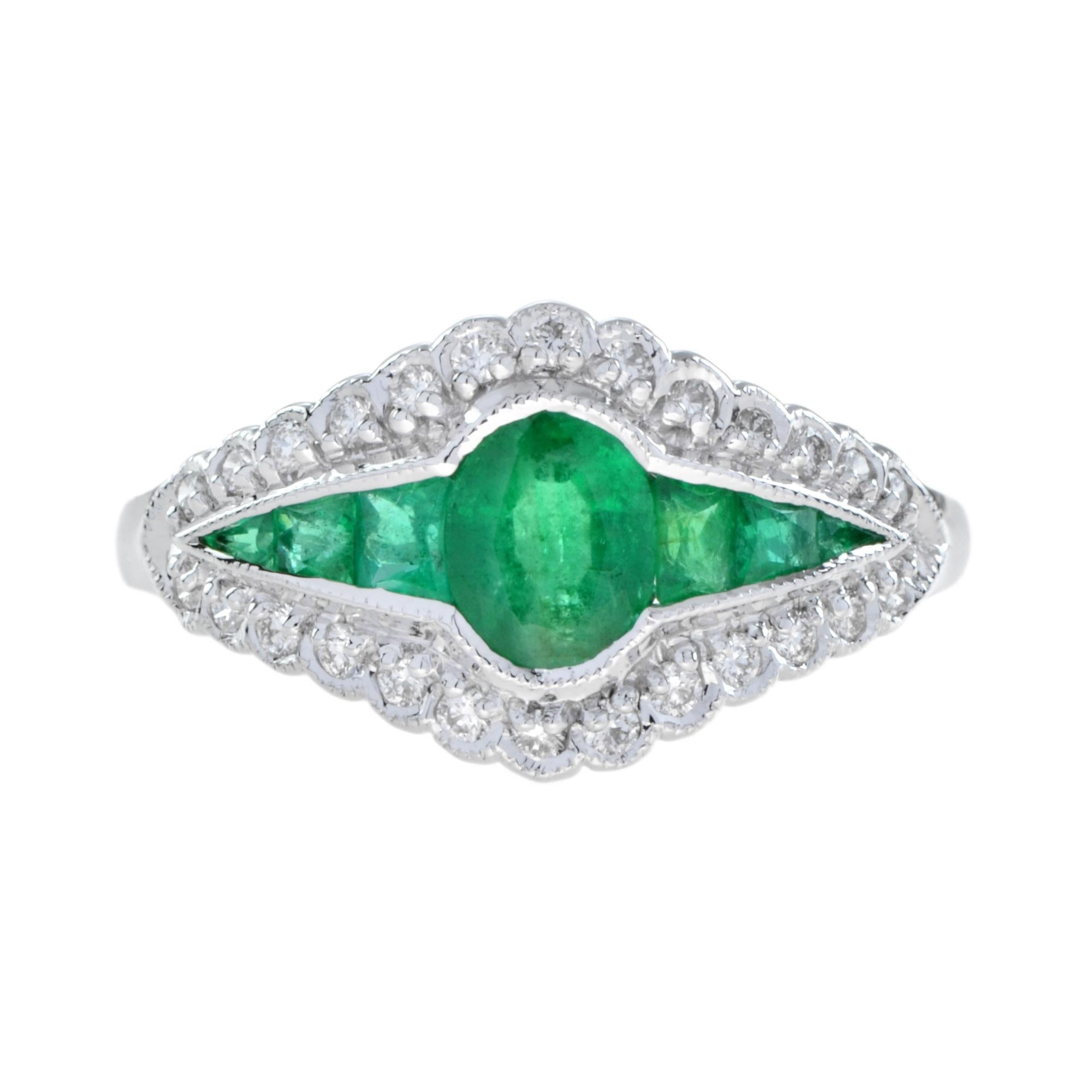 For Sale:  Catherine Lace Natural Emerald and Diamond Art Deco Style Halo Ring in 18K Gold 2