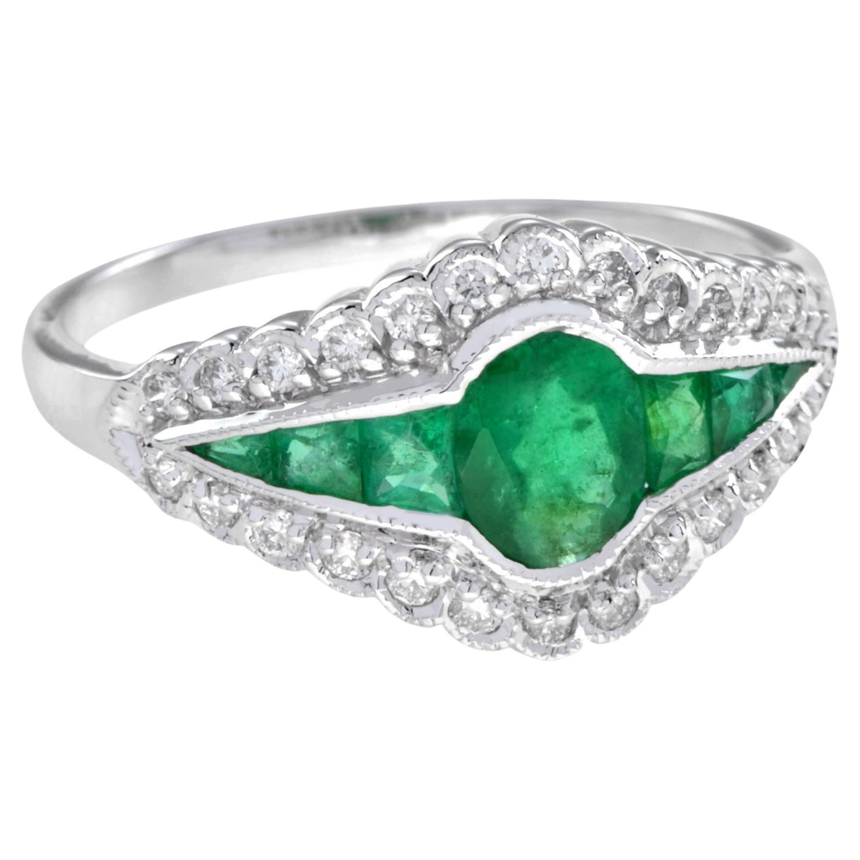 For Sale:  Catherine Lace Natural Emerald and Diamond Art Deco Style Halo Ring in 18K Gold