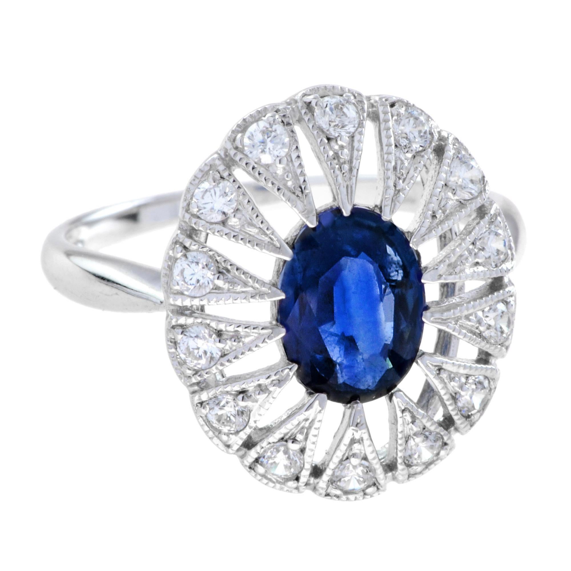 For Sale:  Oval Ceylon Sapphire with Diamond Open Work Halo Ring in 18K White Gold 2