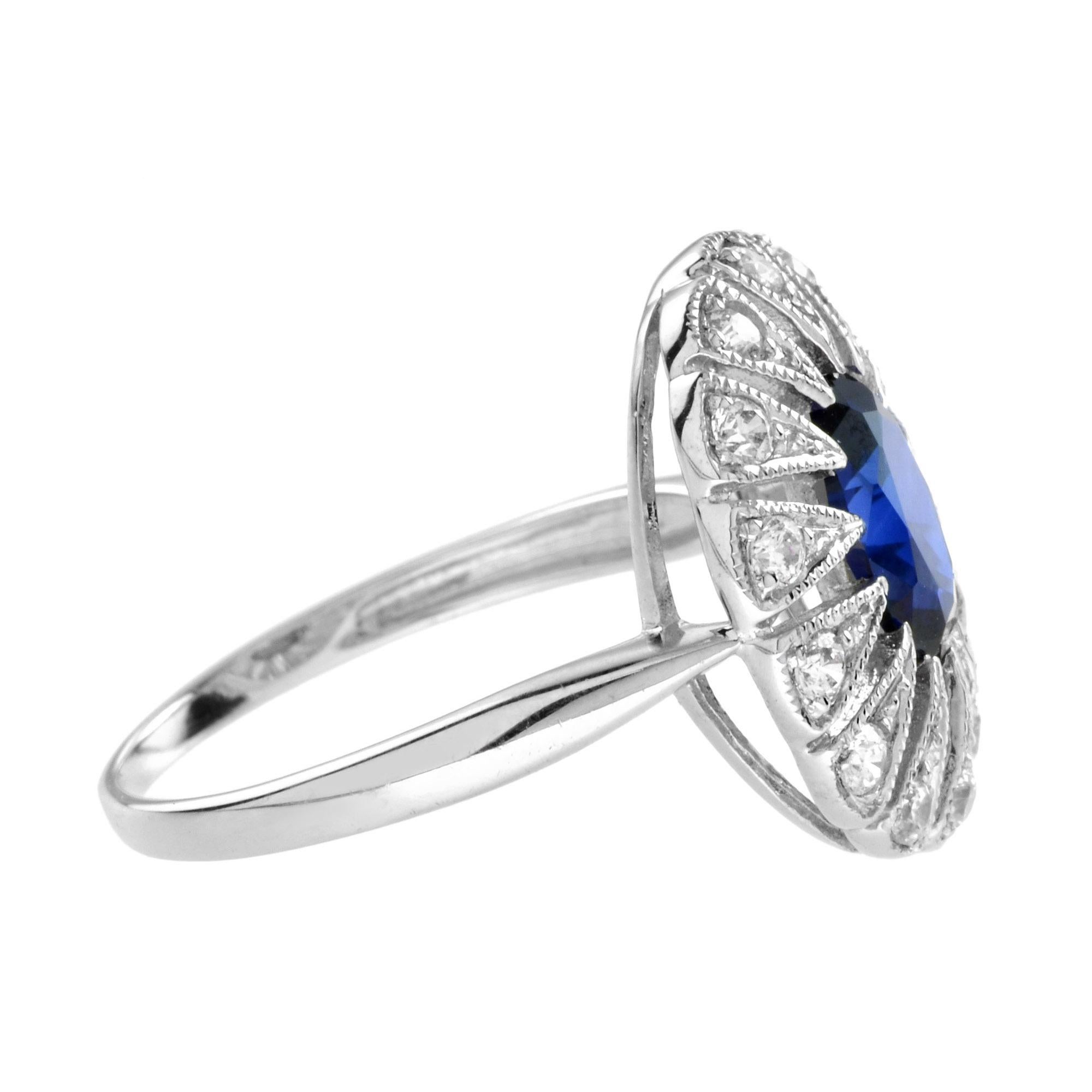 For Sale:  Oval Ceylon Sapphire with Diamond Open Work Halo Ring in 18K White Gold 4