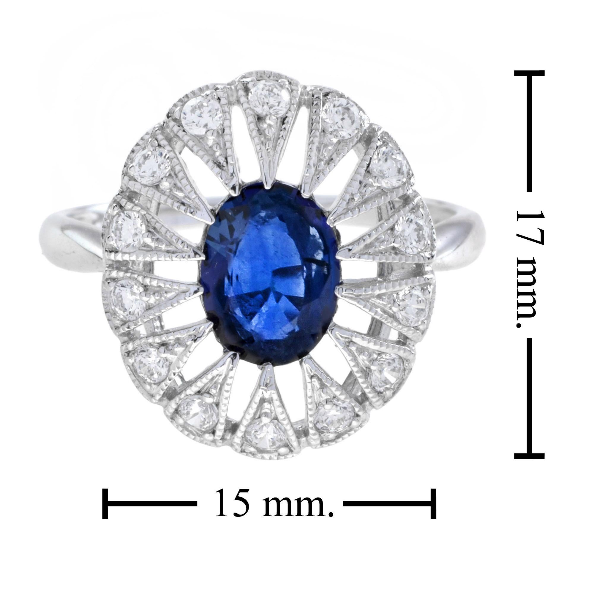 For Sale:  Oval Ceylon Sapphire with Diamond Open Work Halo Ring in 18K White Gold 6