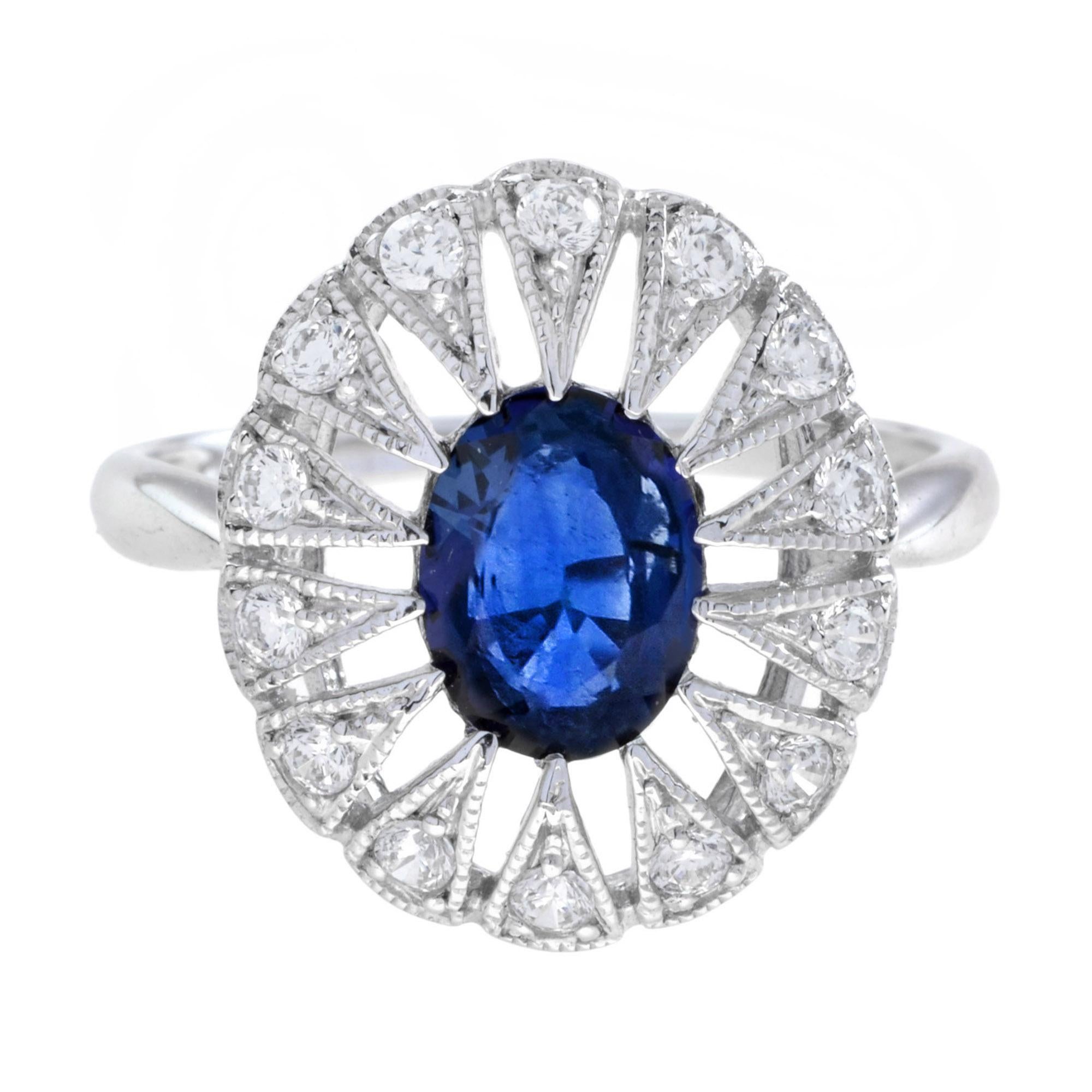 Oval Ceylon Sapphire with Diamond Open Work Halo Ring in 18K White Gold