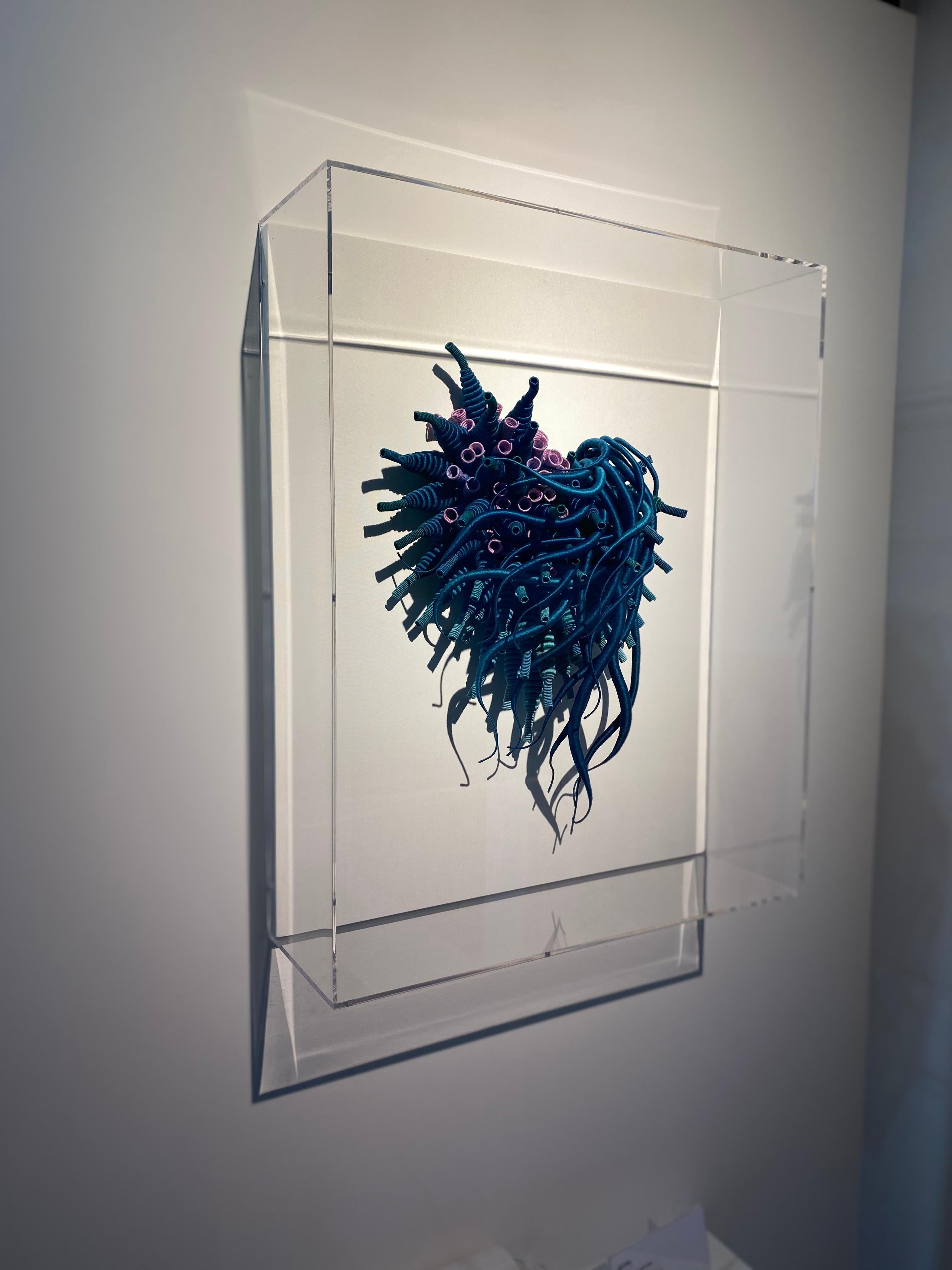 Specimen 25 - Framed Sea Nature Inspired Hand-dyed Teal Blue Fiber Sculpture For Sale 8