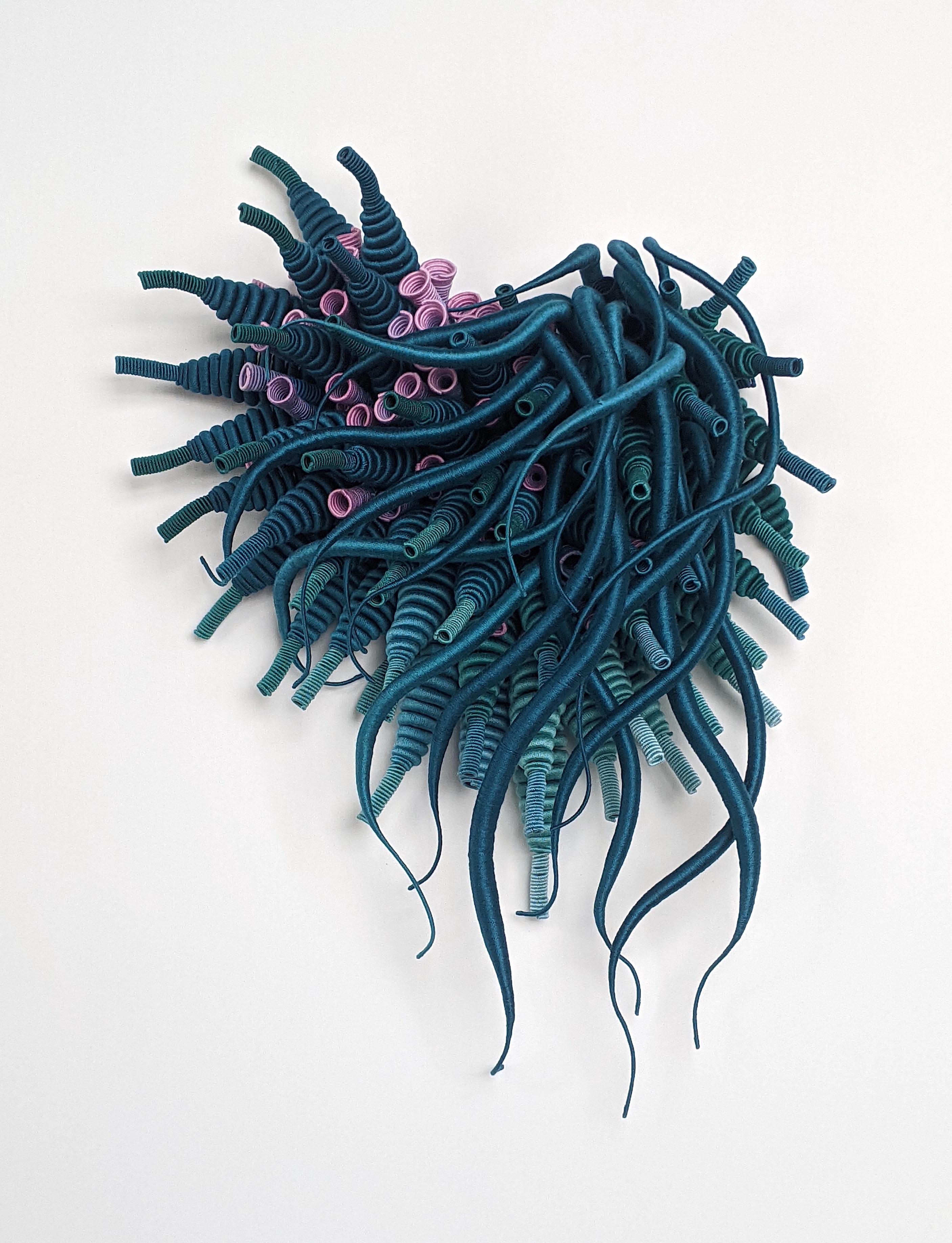 Catherine Latson Abstract Sculpture - Specimen 25, Framed Sea Nature Inspired Hand-dyed Teal Blue Fiber Sculpture