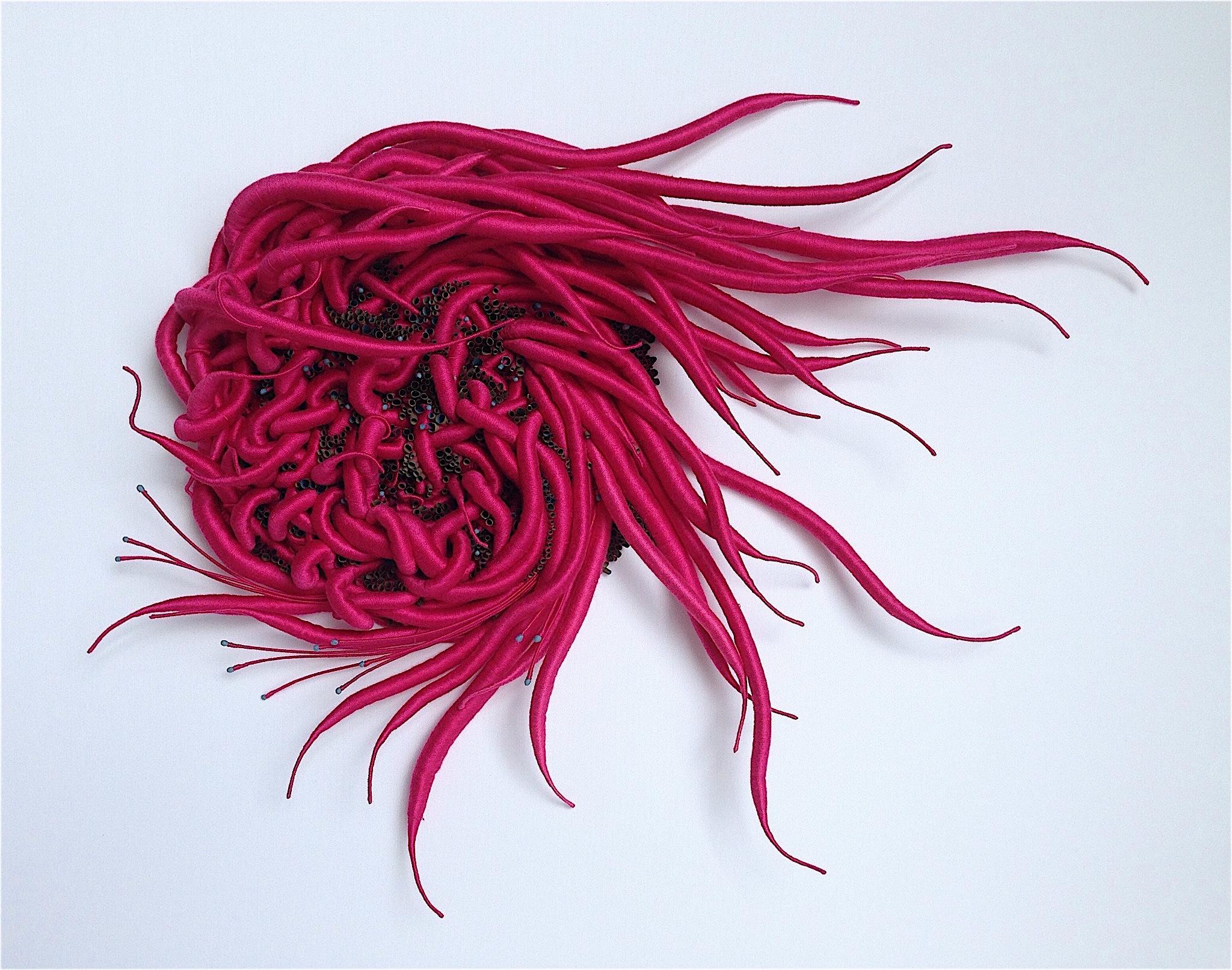 Catherine Latson Abstract Sculpture - Specimen 8, Framed Burgundy Red Nature Inspired Hand-dyed Thread Fiber Sculpture