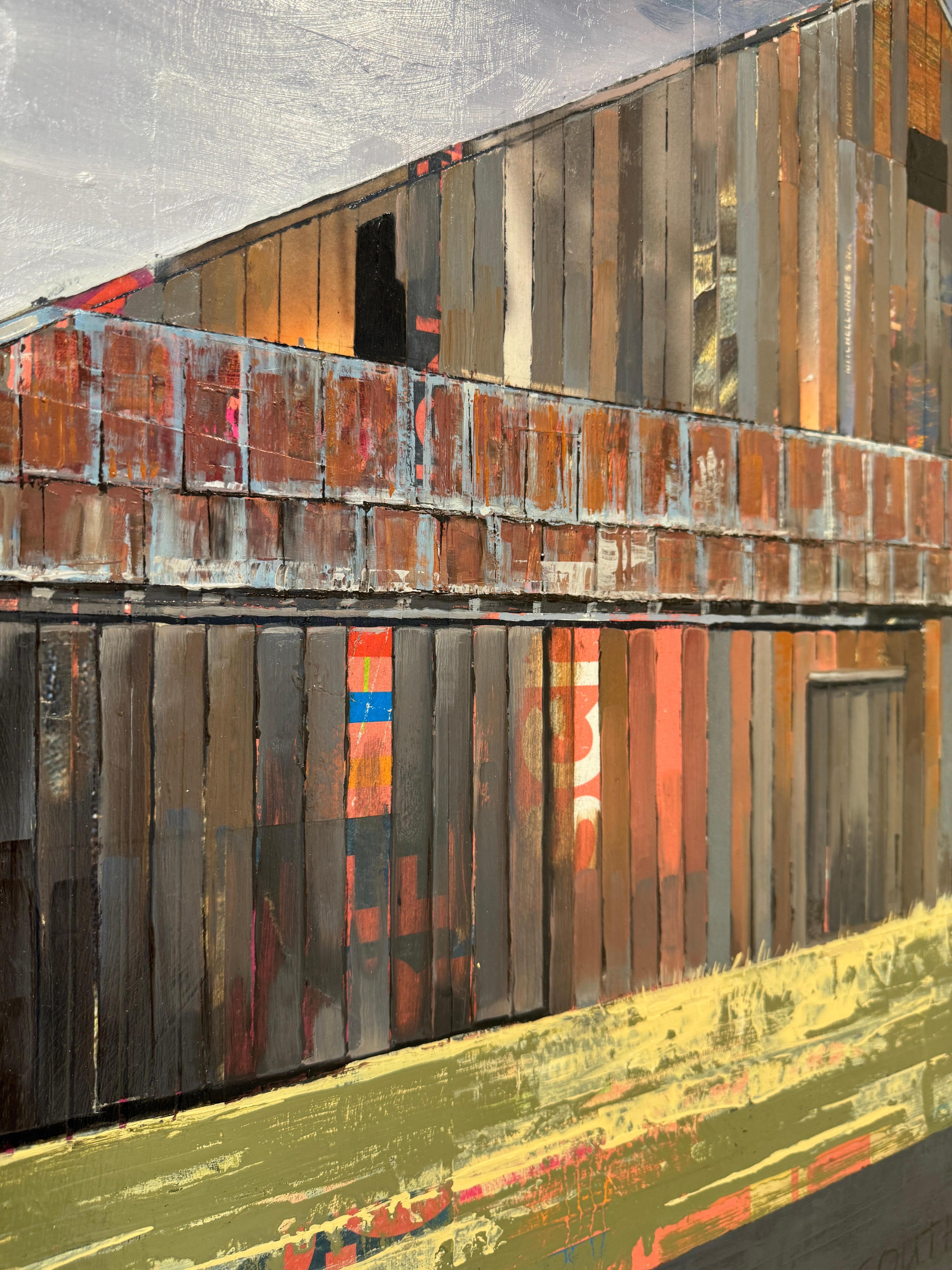 Barn Painting -- técnica mixta con carteles y pintura al óleo - Figurative Painting Gris de Catherine Mackey