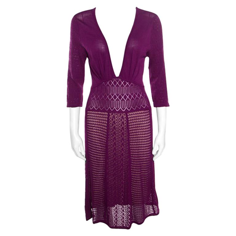 Catherine Malandrino Grape Purple Perforated Knit Plunge Neck Dress M