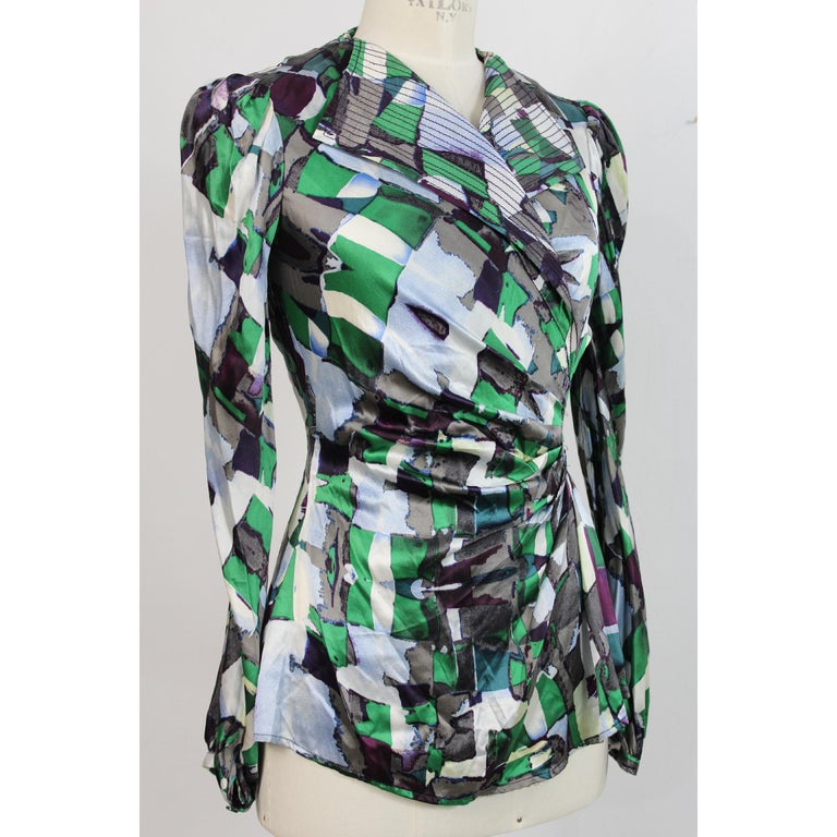 Catherine Malandrino Green Beige Silk Floral Shirt For Sale at 1stDibs