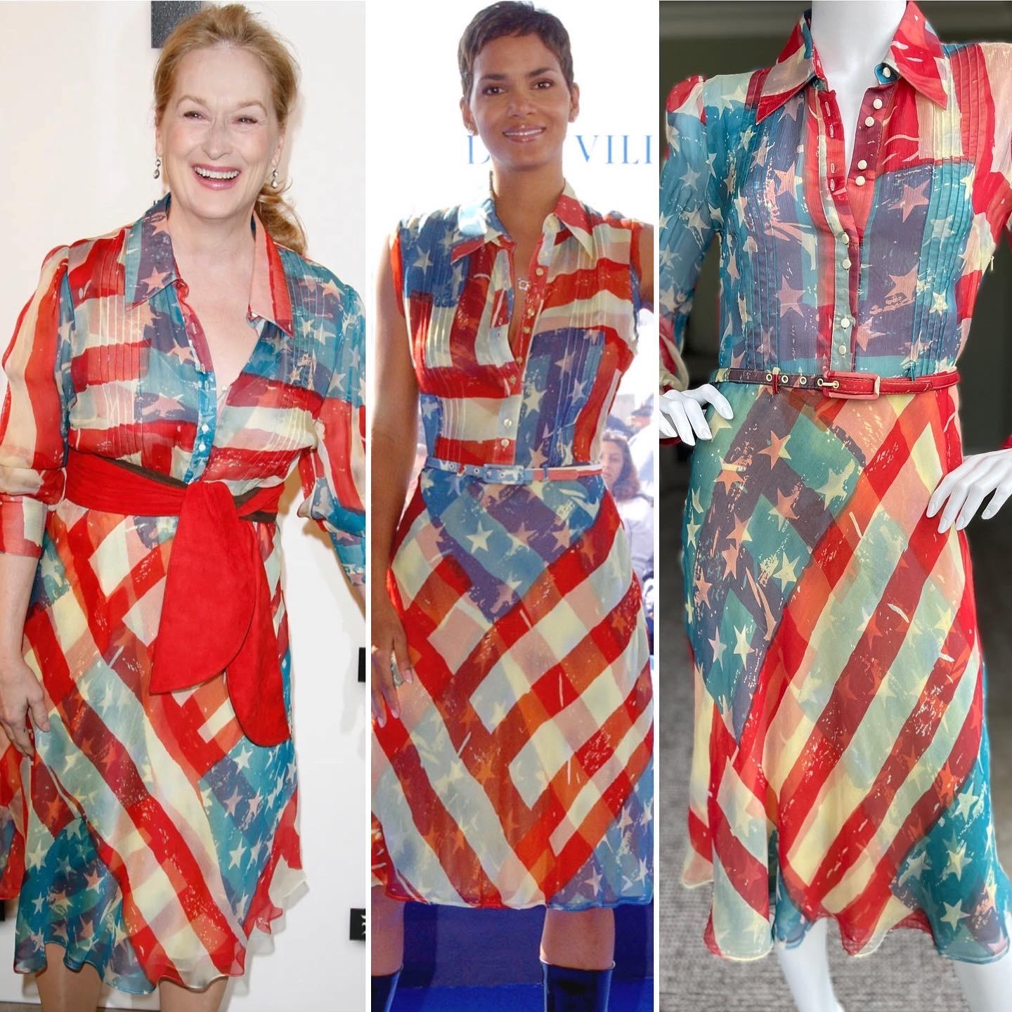 Marron Catherine Malandrino - Iconique 2011  Robe de drapeau américain en soie avec ceinture en vente