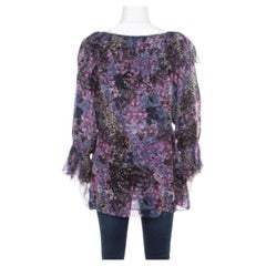 Catherine Malandrino Printed Silk Frayed Neck Detail Long Sleeve Blouse S