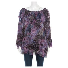 Catherine Malandrino Printed Silk Frayed Neck Detail Long Sleeve Blouse S