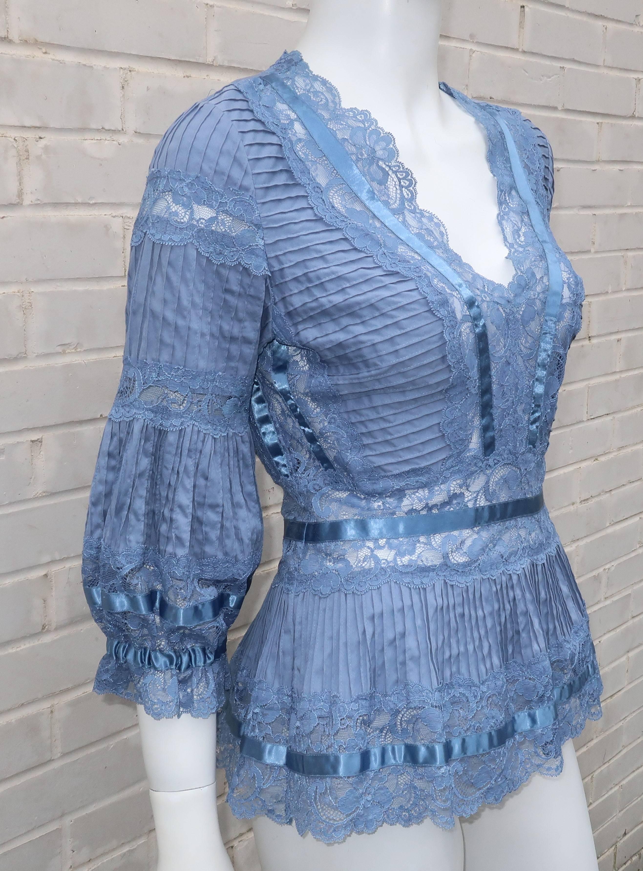 Catherine Malandrino Romantic Blue Lace Blouse With Pin Tucking In Excellent Condition In Atlanta, GA