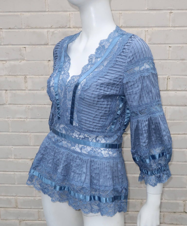 Catherine Malandrino Romantic Blue Lace Blouse With Pin Tucking at ...