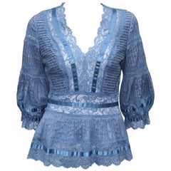 Catherine Malandrino Romantic Blue Blouse en dentelle avec Pin Tucking
