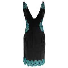 CATHERINE MALANDRINO Size 2 Black Turquoise Cotton Embroidered Dress