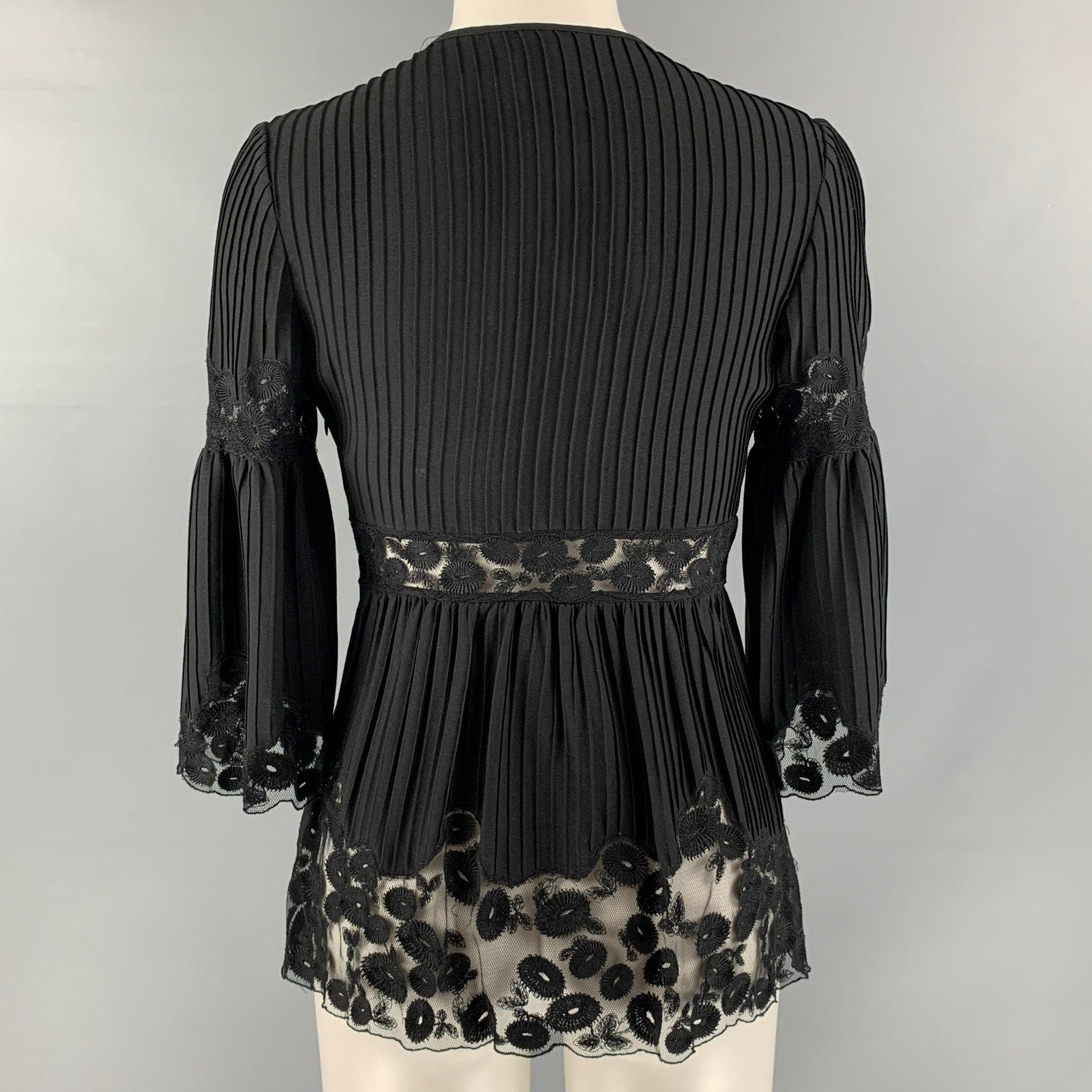 Women's CATHERINE MALANDRINO Size S Black Wool & Silk Pleated V-Neck Blouse