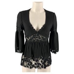 CATHERINE MALANDRINO Size S Black Wool & Silk Pleated V-Neck Blouse