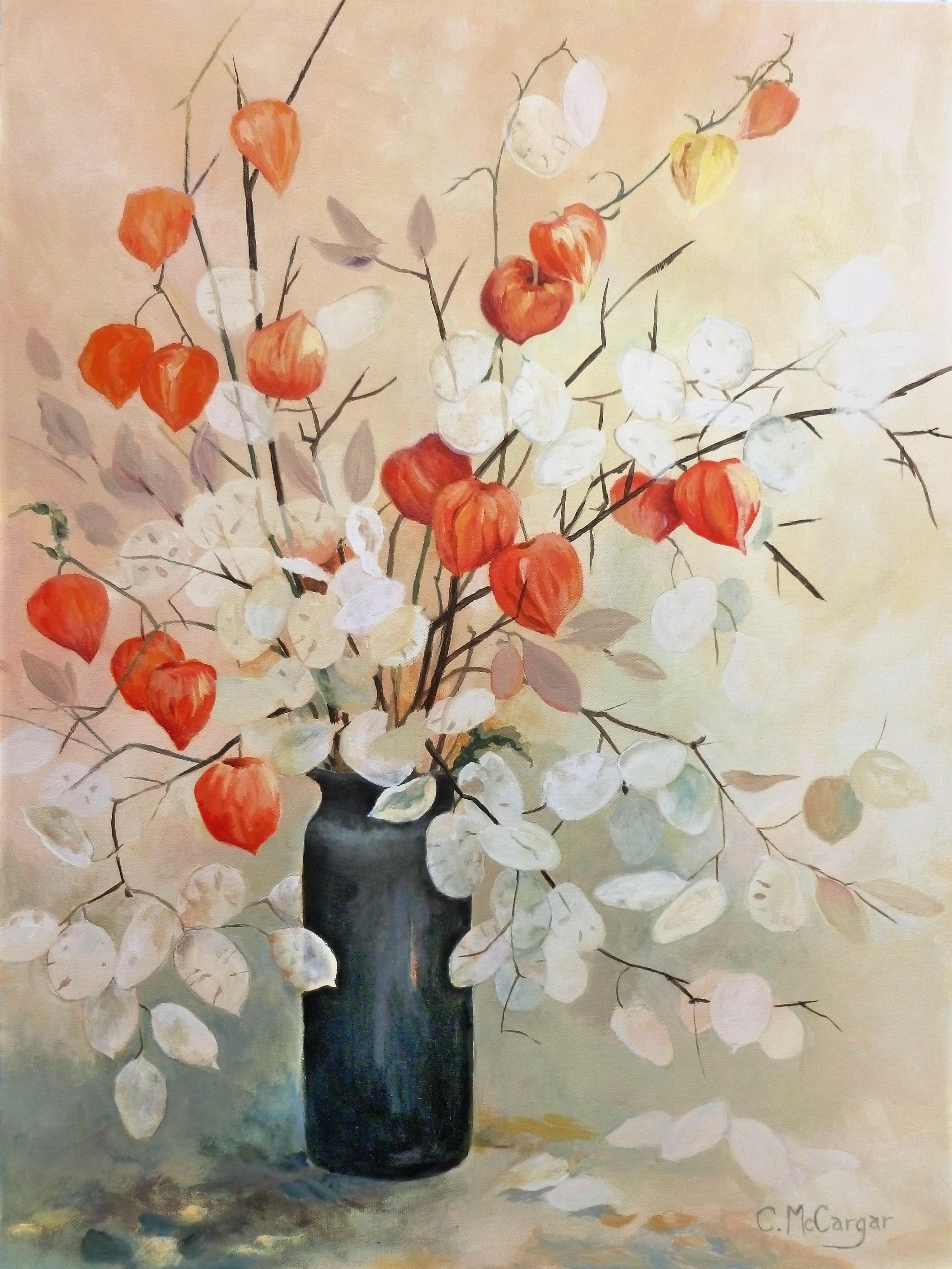 Catherine McCargar Still-Life Painting - Chinese Lanterns and Lunaria, Original Painting