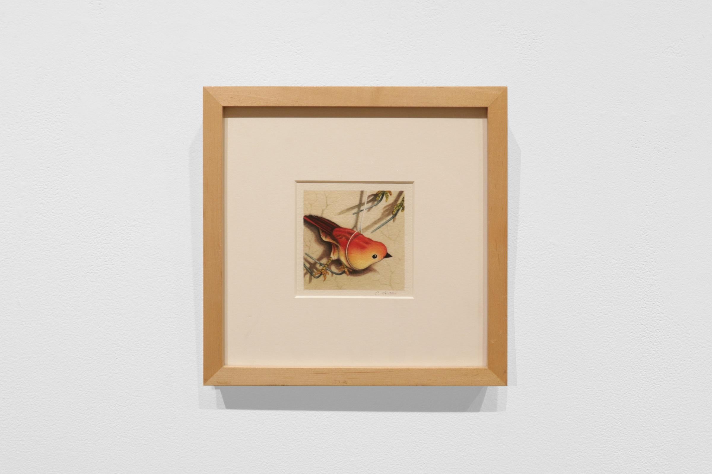 LONE BIRD #4 - Realismo contemporaneo / Acquerello / Uccello giocattolo arancione - Painting di Catherine Means
