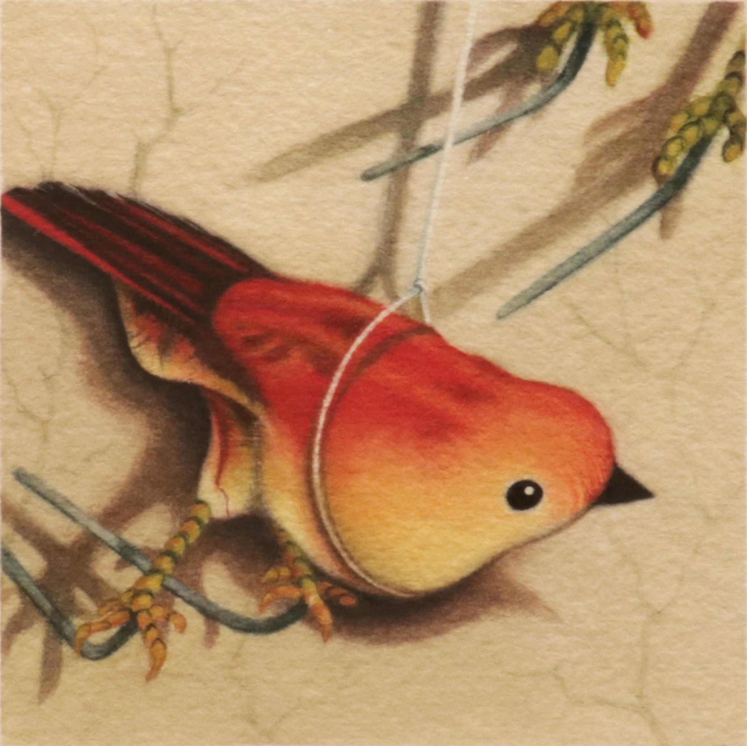 Catherine Means Animal Painting - LONE BIRD #4 - Contemporary Realism / Watercolor / Orange Toy Bird