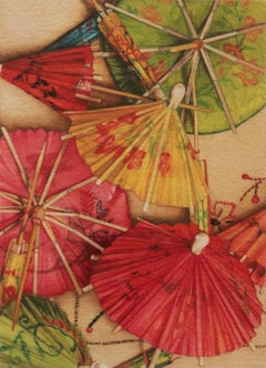 PAPER PARASOLS #1, representation of everyday objects, bright colors, green, red