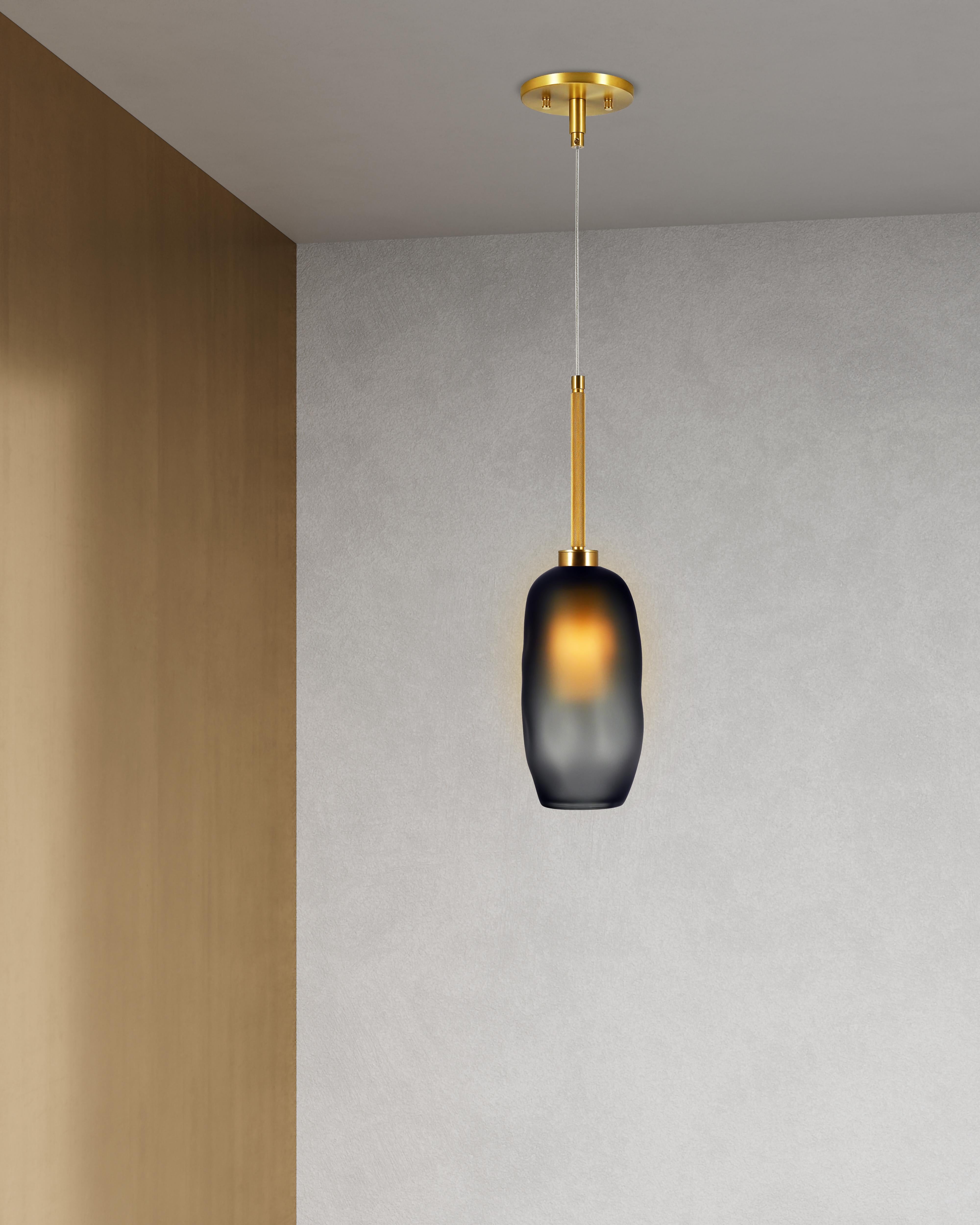 Modern Catherine Mouth Blown Frosted Glass Pendant Smoke and Brass For Sale
