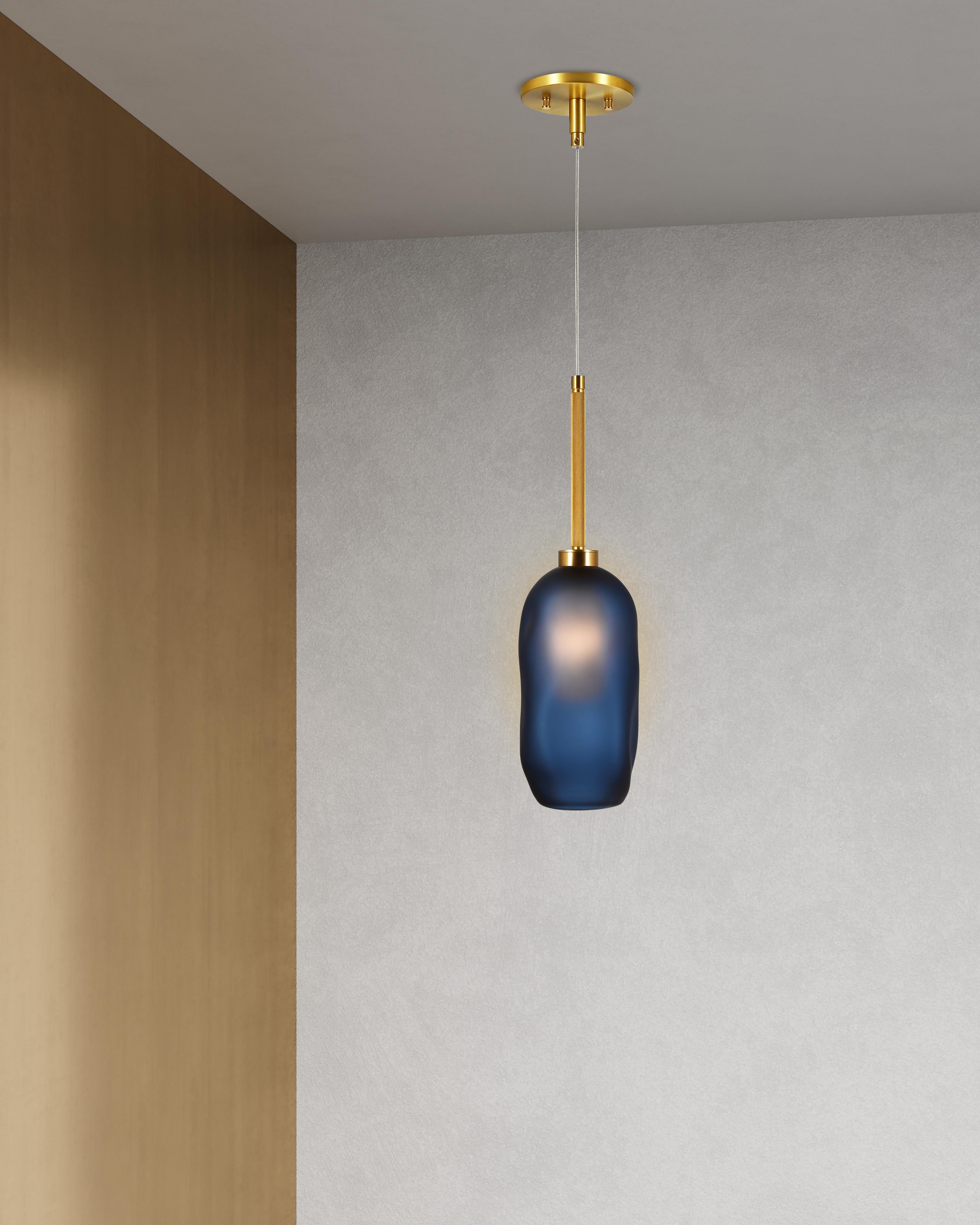 Modern Catherine Mouth Blown Frosted Glass Pendant Tuxedo Blue and Brass