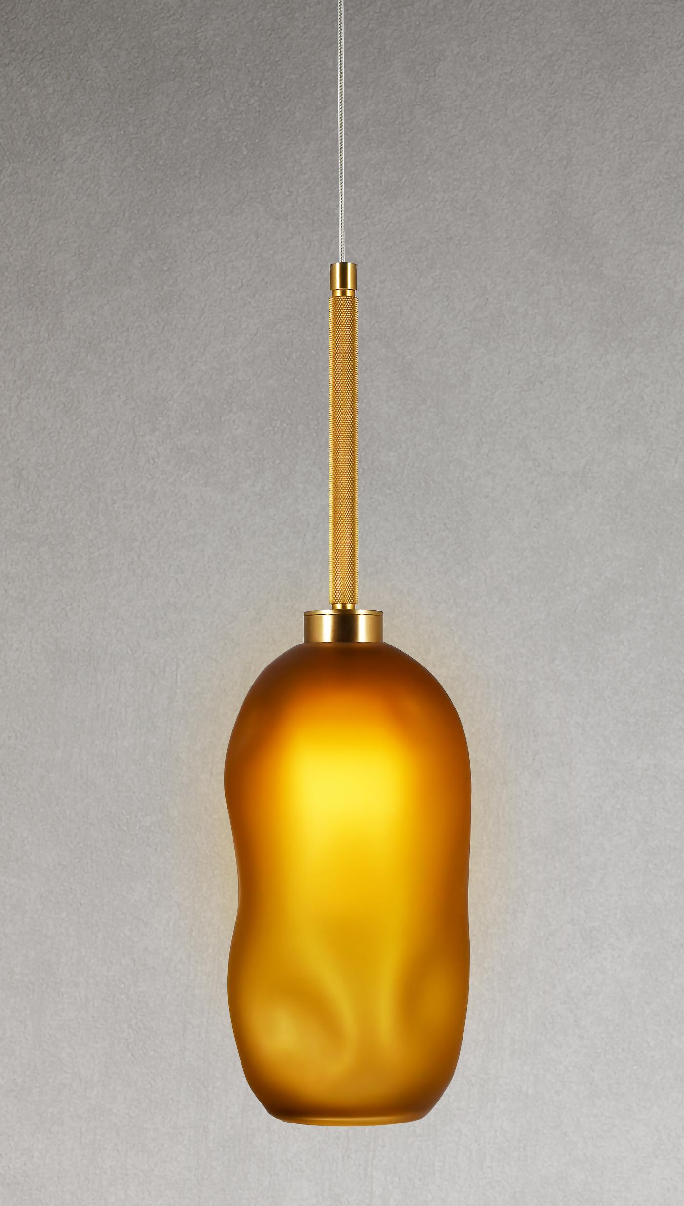 Modern Catherine Mouth Blown Frosted Glass Pendant Whiskey and Brass For Sale