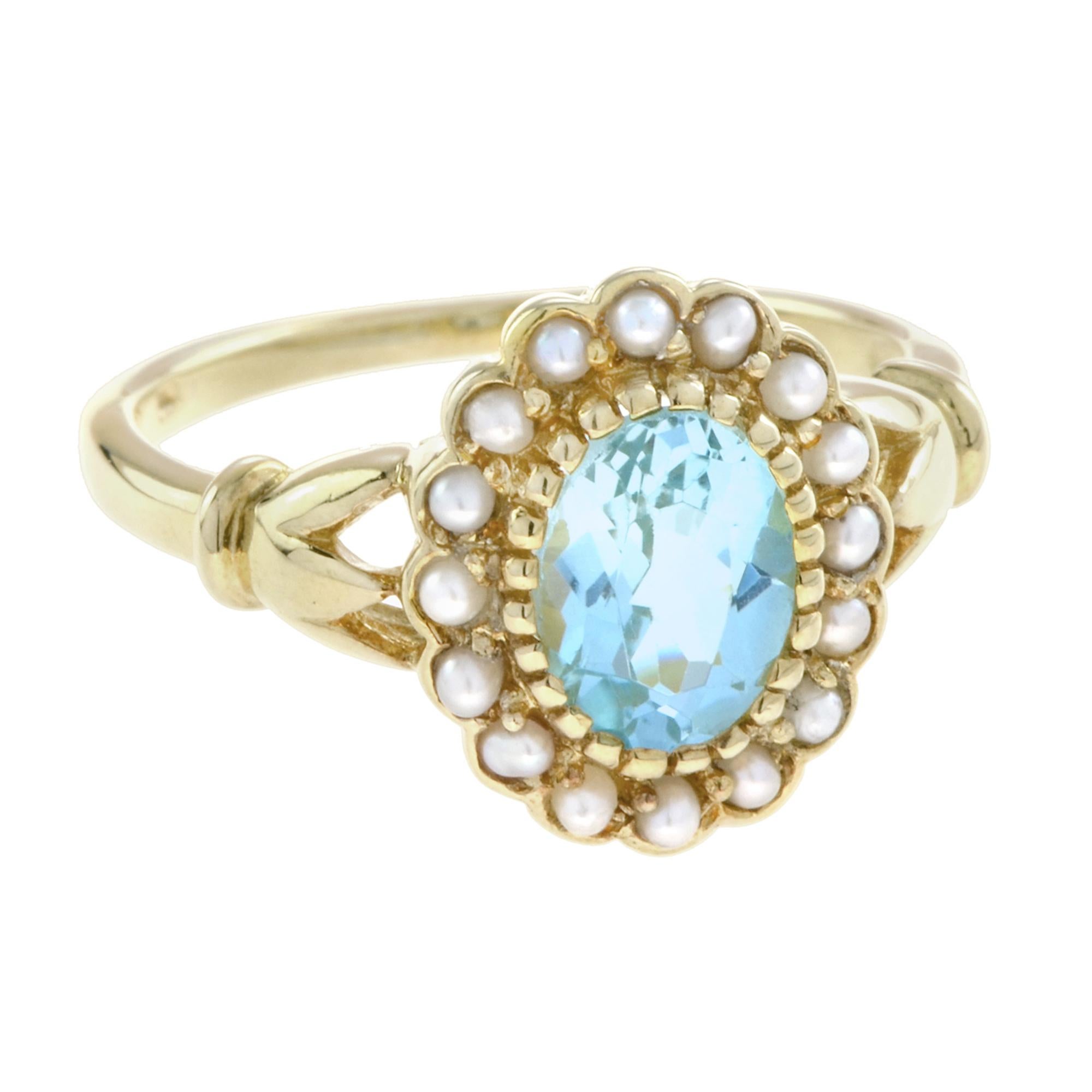 For Sale:  Natural Oval Blue Topaz with Pearl Halo Ring in 14K Yellow Gold 3