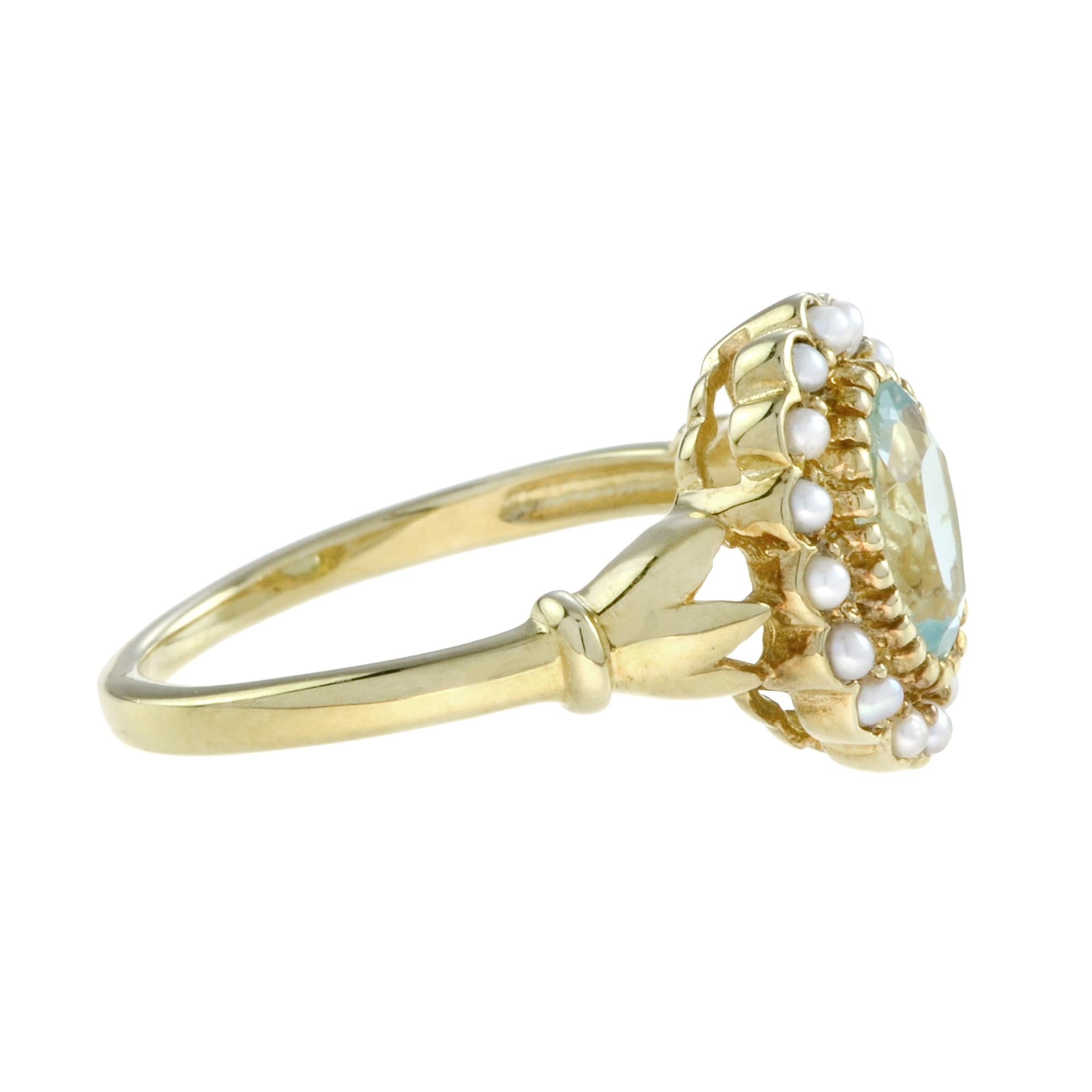 For Sale:  Natural Oval Blue Topaz with Pearl Halo Ring in 14K Yellow Gold 4
